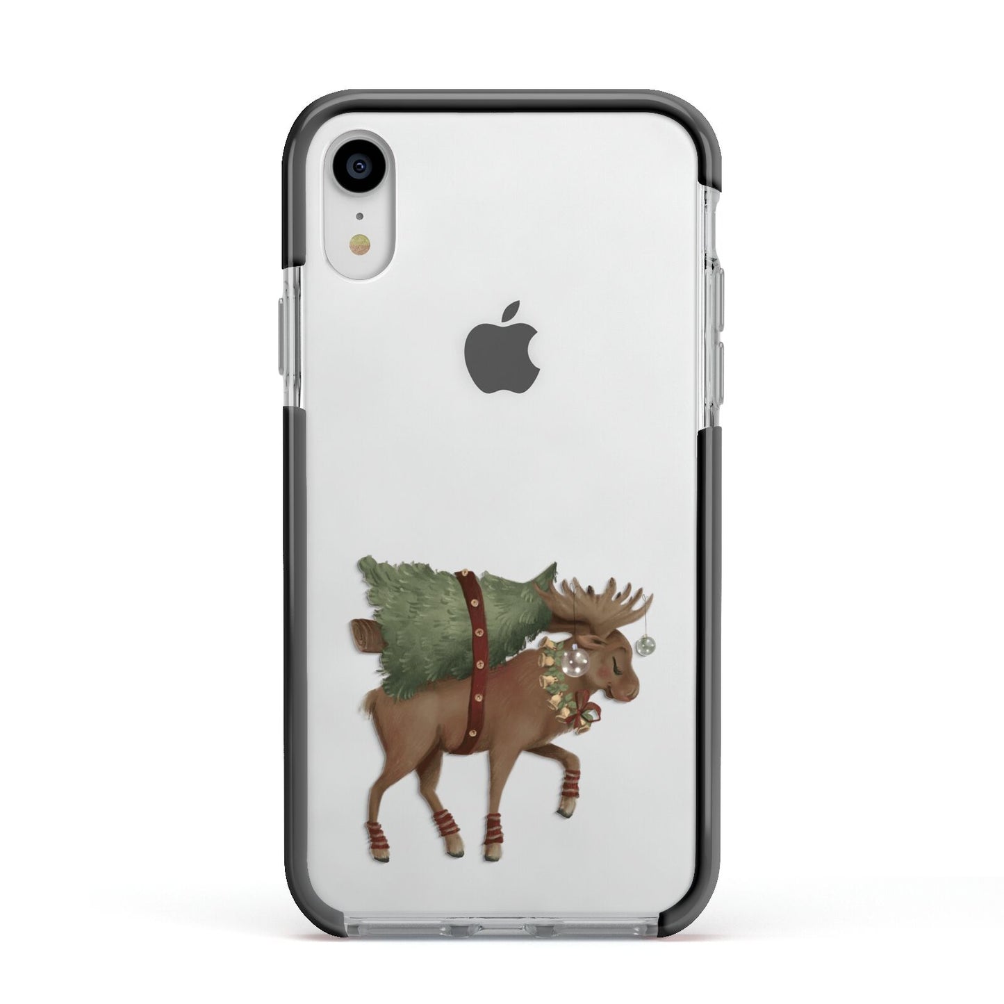 Reindeer Christmas Tree Apple iPhone XR Impact Case Black Edge on Silver Phone