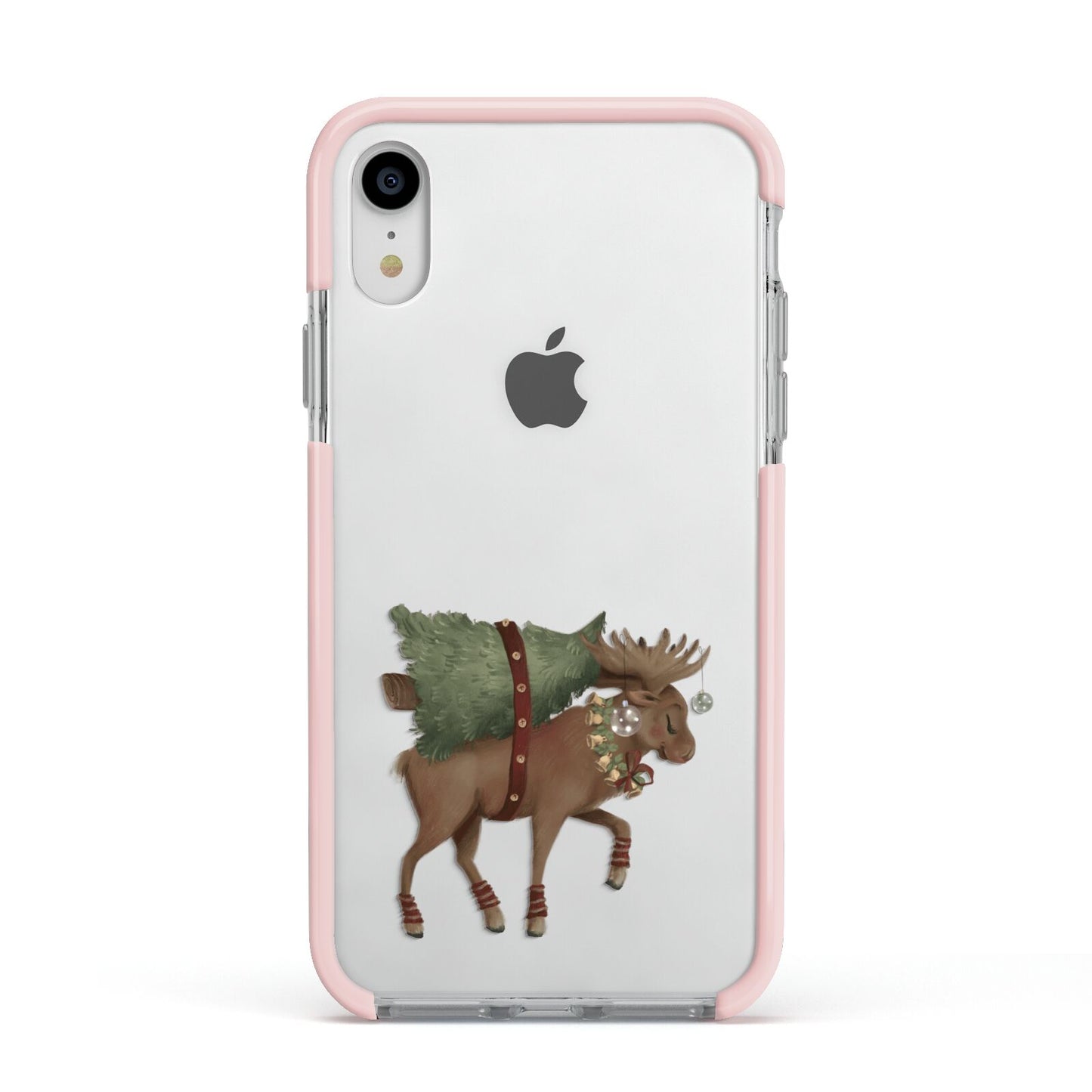 Reindeer Christmas Tree Apple iPhone XR Impact Case Pink Edge on Silver Phone