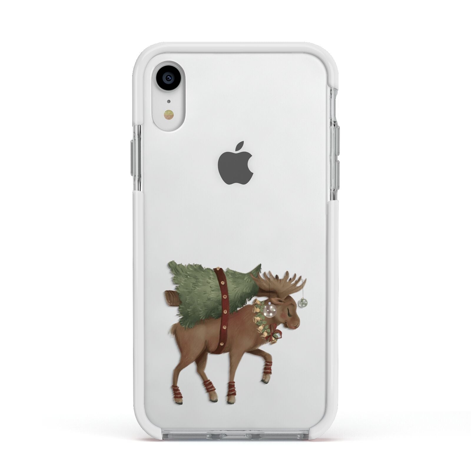 Reindeer Christmas Tree Apple iPhone XR Impact Case White Edge on Silver Phone