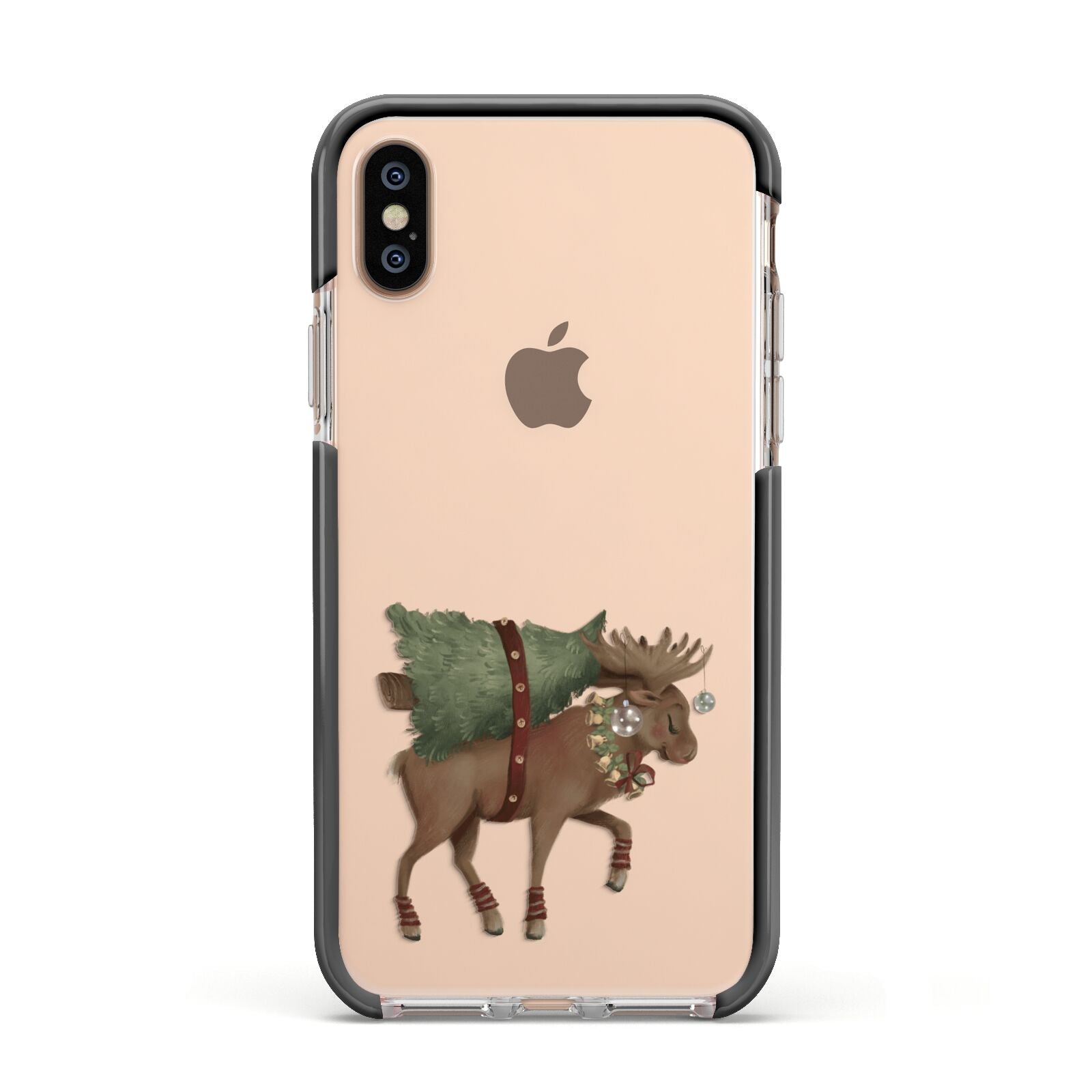 Reindeer Christmas Tree Apple iPhone Xs Impact Case Black Edge on Gold Phone