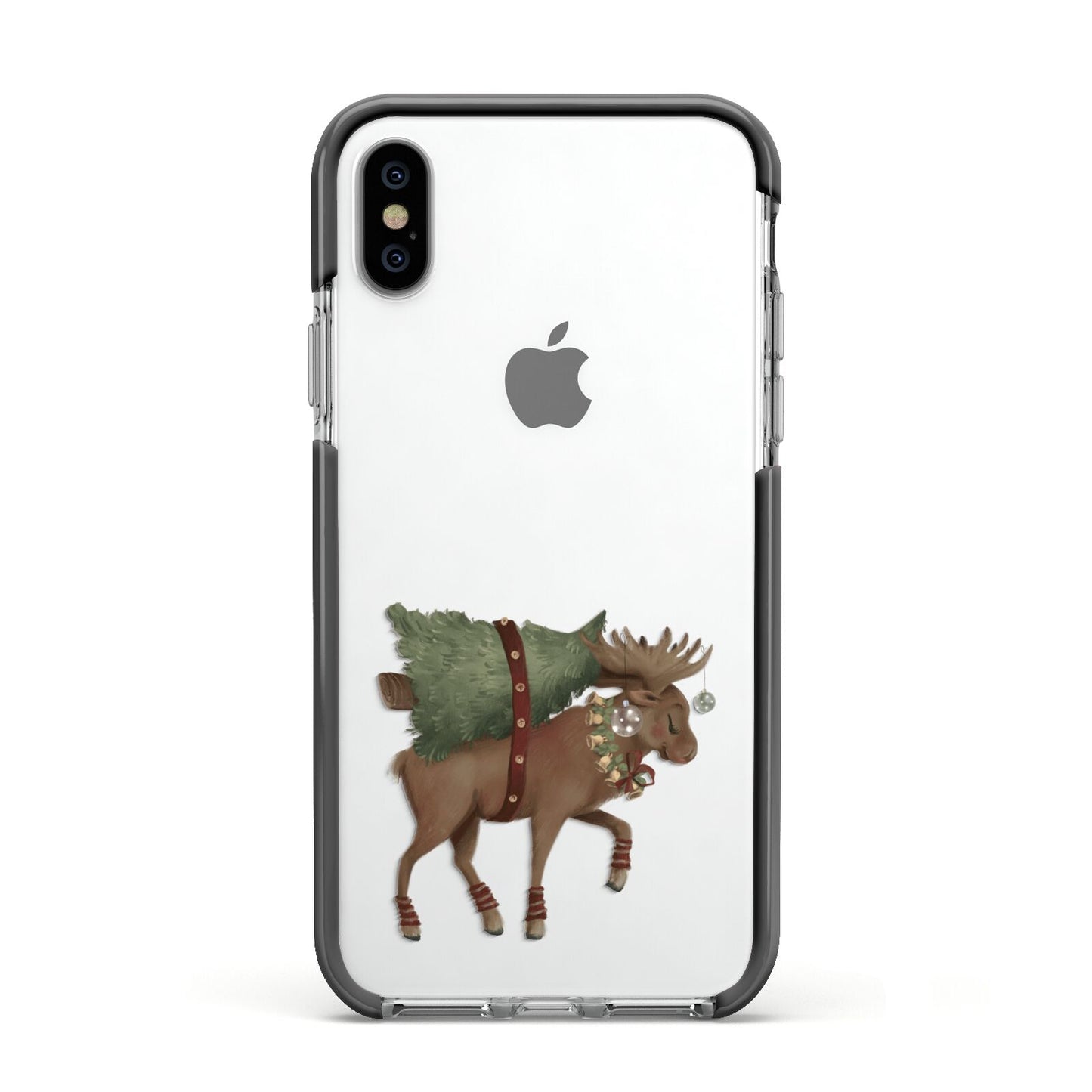 Reindeer Christmas Tree Apple iPhone Xs Impact Case Black Edge on Silver Phone