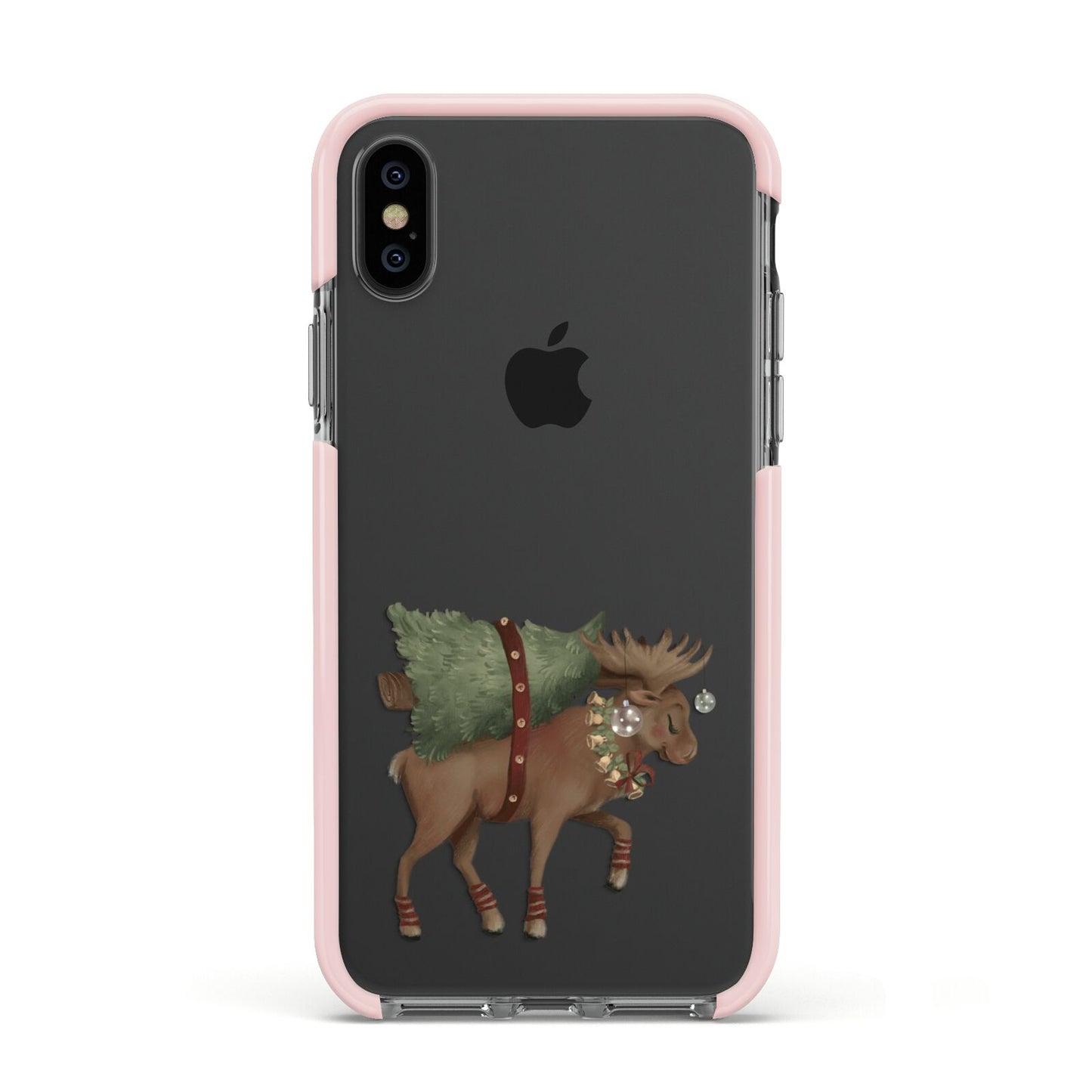 Reindeer Christmas Tree Apple iPhone Xs Impact Case Pink Edge on Black Phone