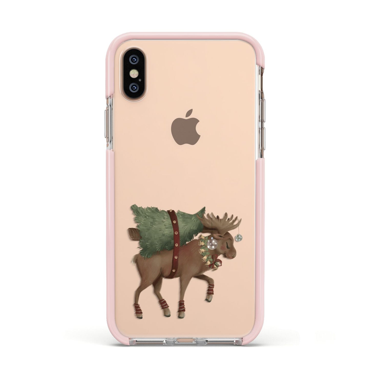 Reindeer Christmas Tree Apple iPhone Xs Impact Case Pink Edge on Gold Phone