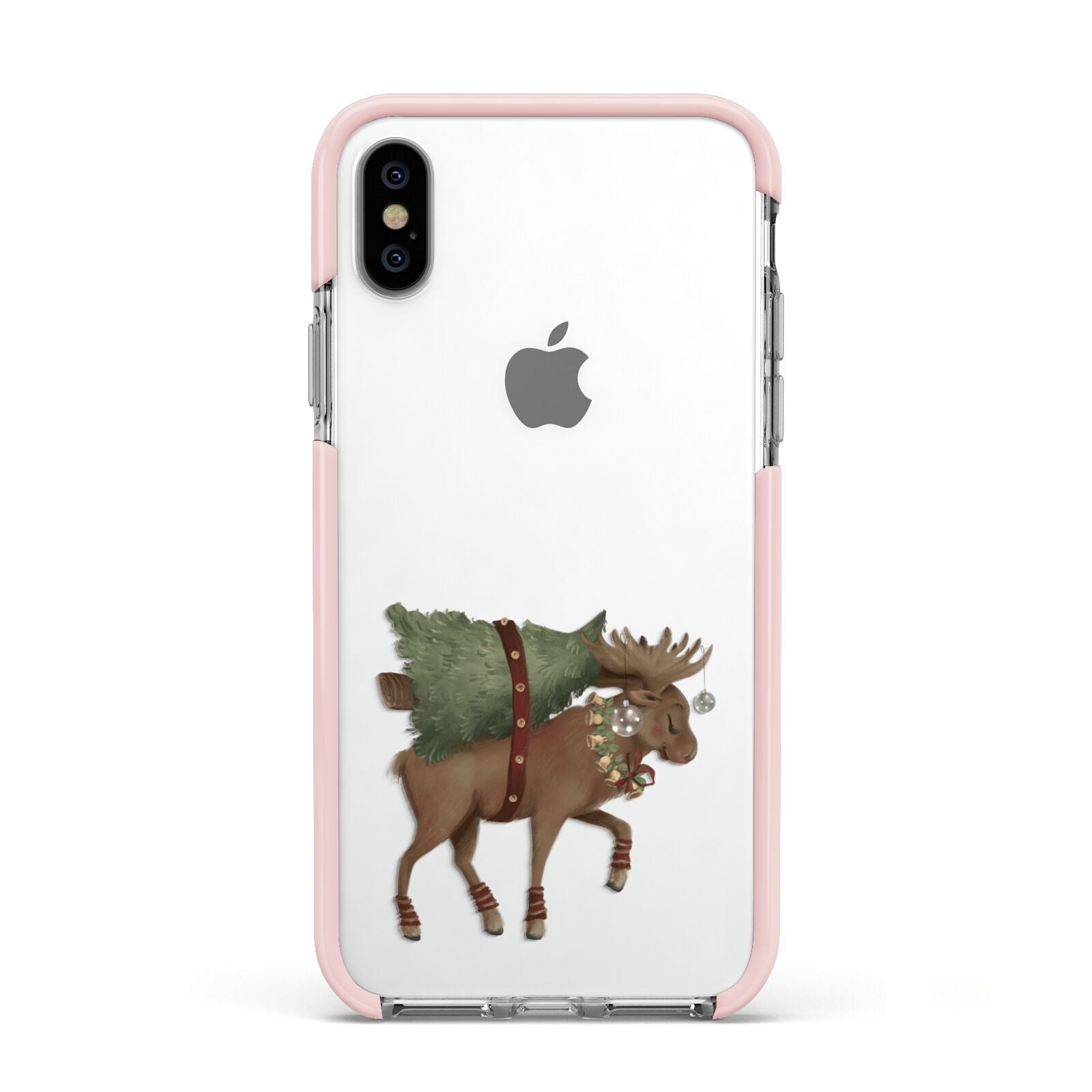 Reindeer Christmas Tree Apple iPhone Xs Impact Case Pink Edge on Silver Phone