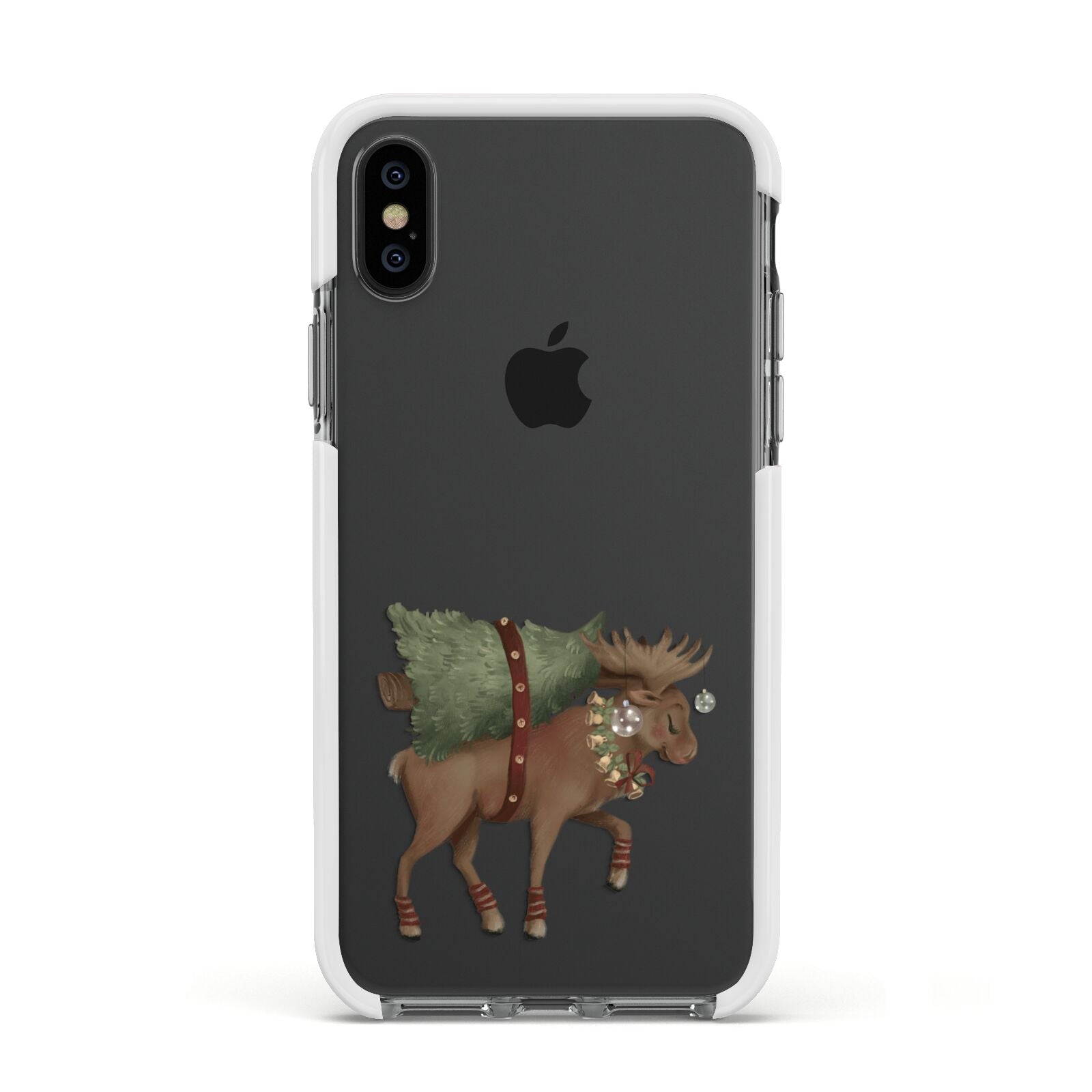 Reindeer Christmas Tree Apple iPhone Xs Impact Case White Edge on Black Phone