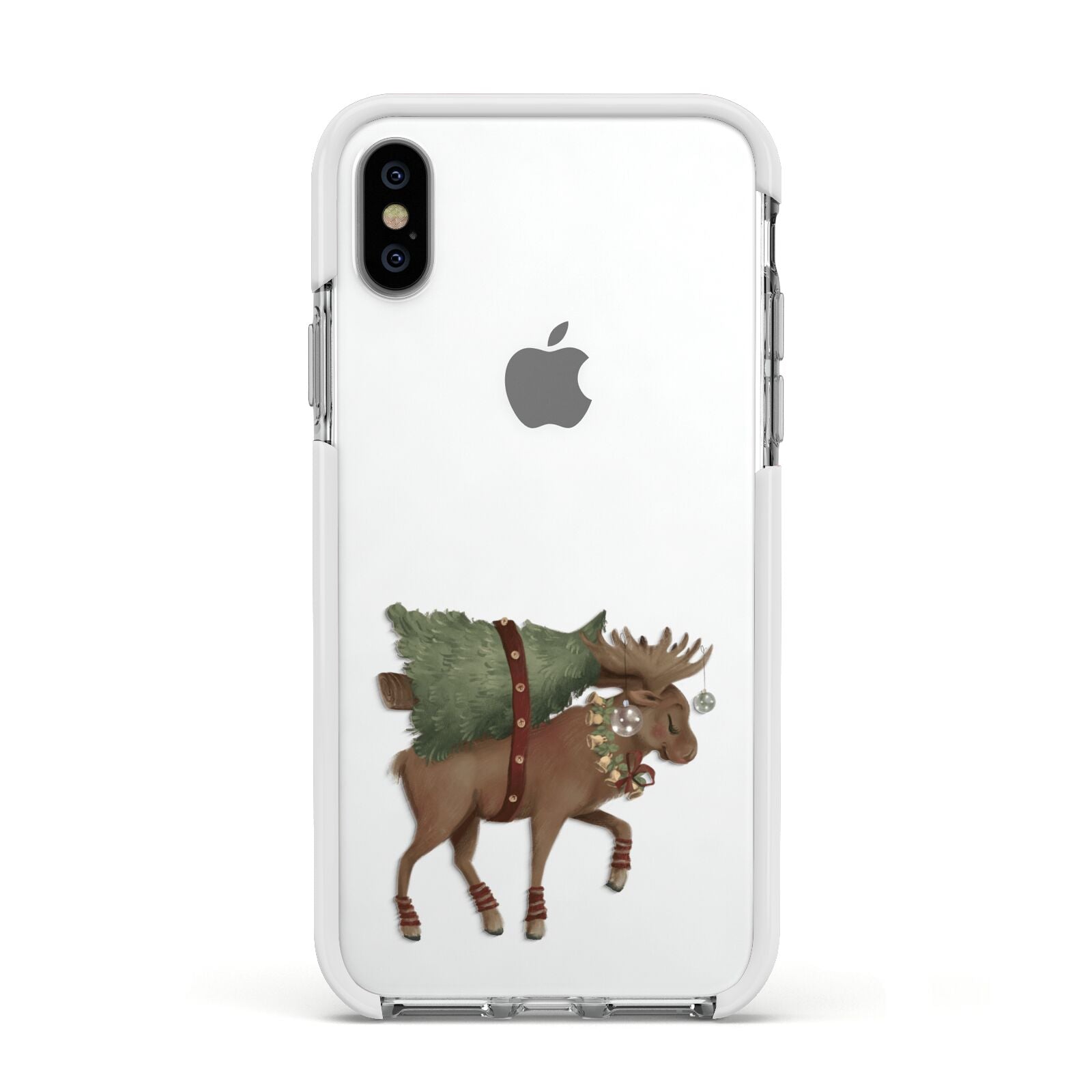 Reindeer Christmas Tree Apple iPhone Xs Impact Case White Edge on Silver Phone