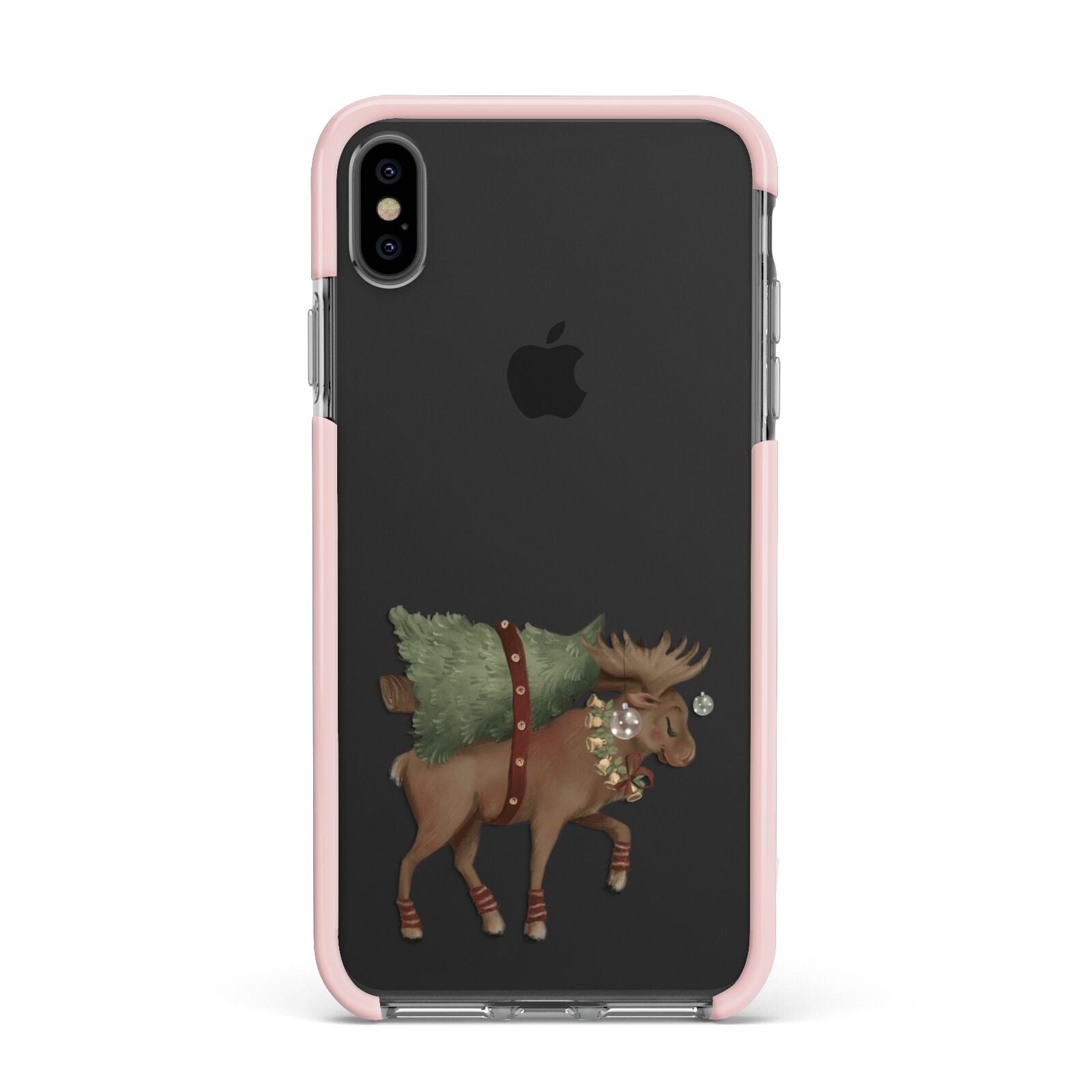 Reindeer Christmas Tree Apple iPhone Xs Max Impact Case Pink Edge on Black Phone