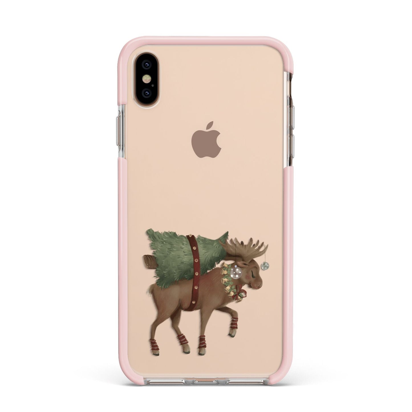 Reindeer Christmas Tree Apple iPhone Xs Max Impact Case Pink Edge on Gold Phone