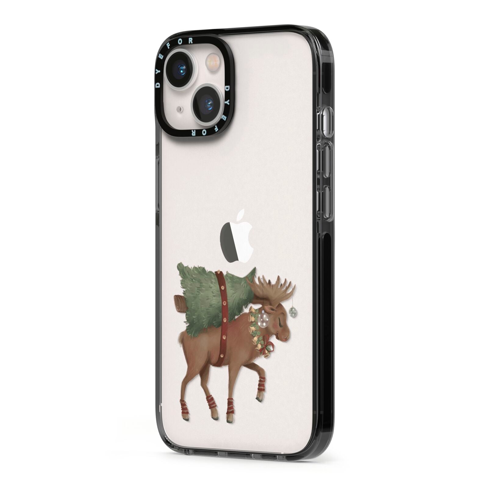 Reindeer Christmas Tree iPhone 13 Black Impact Case Side Angle on Silver phone