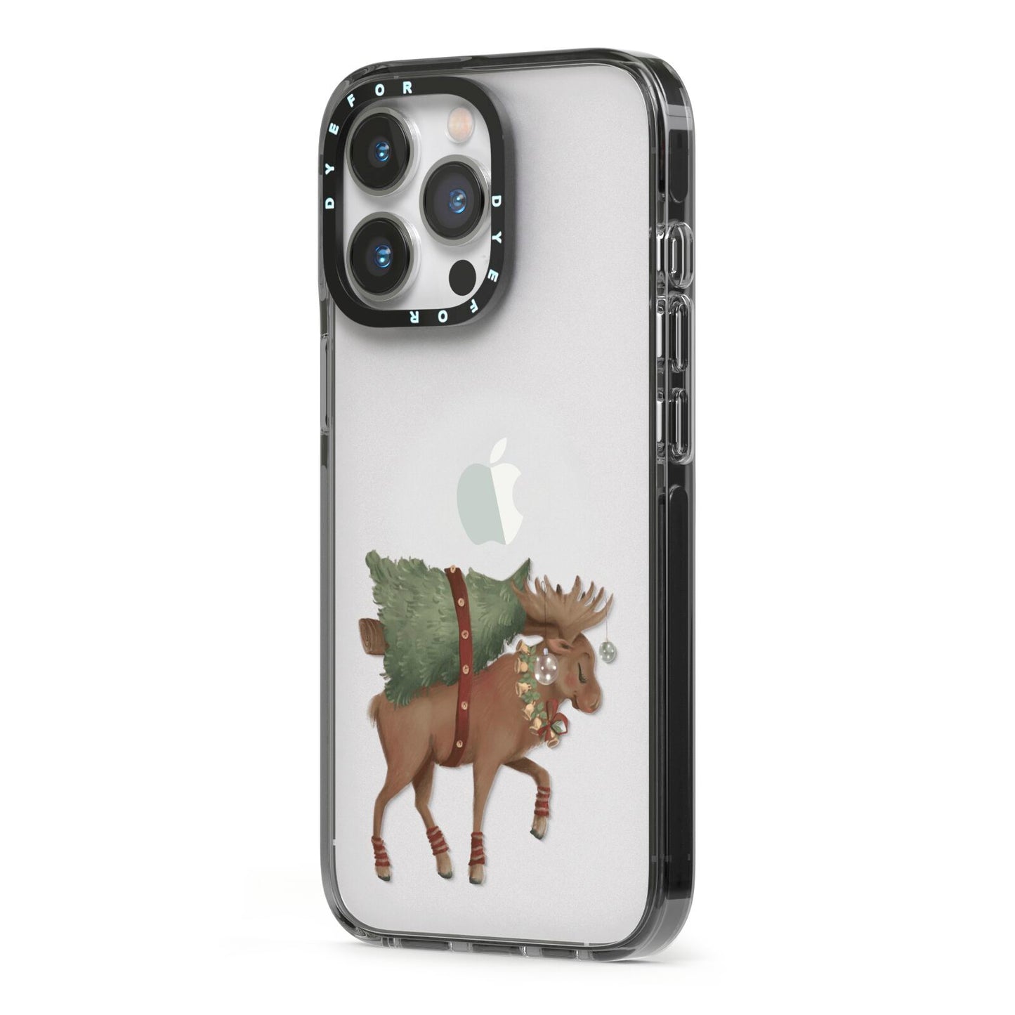 Reindeer Christmas Tree iPhone 13 Pro Black Impact Case Side Angle on Silver phone