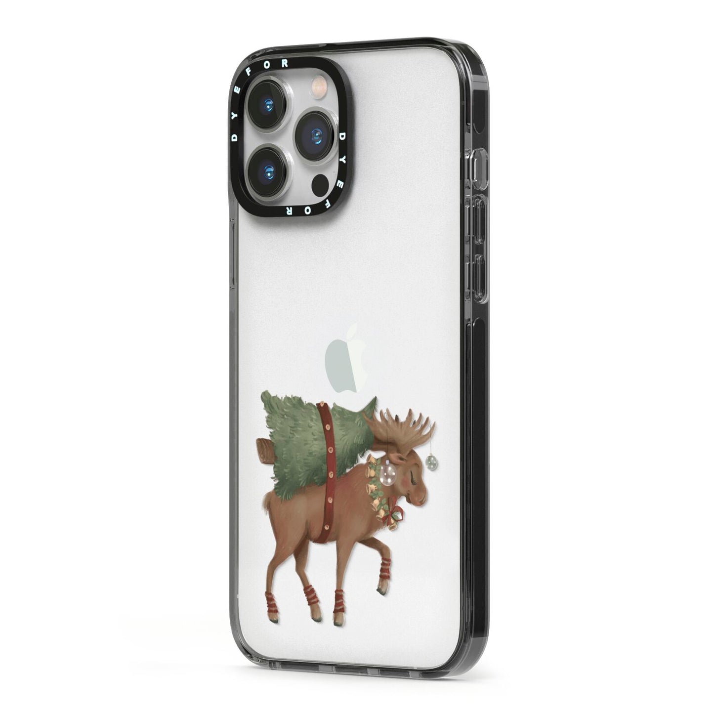 Reindeer Christmas Tree iPhone 13 Pro Max Black Impact Case Side Angle on Silver phone