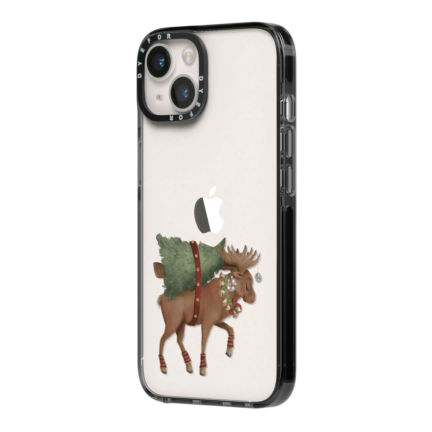 Reindeer Christmas Tree iPhone 14 Black Impact Case Side Angle on Silver phone