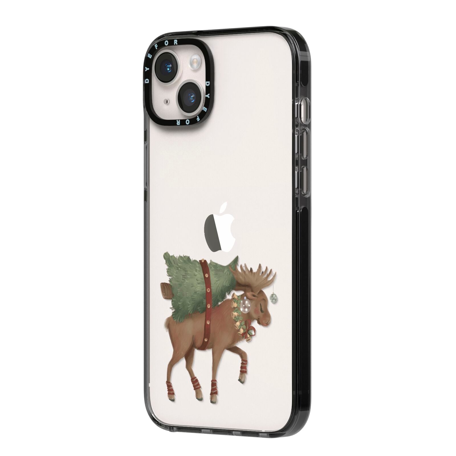 Reindeer Christmas Tree iPhone 14 Plus Black Impact Case Side Angle on Silver phone