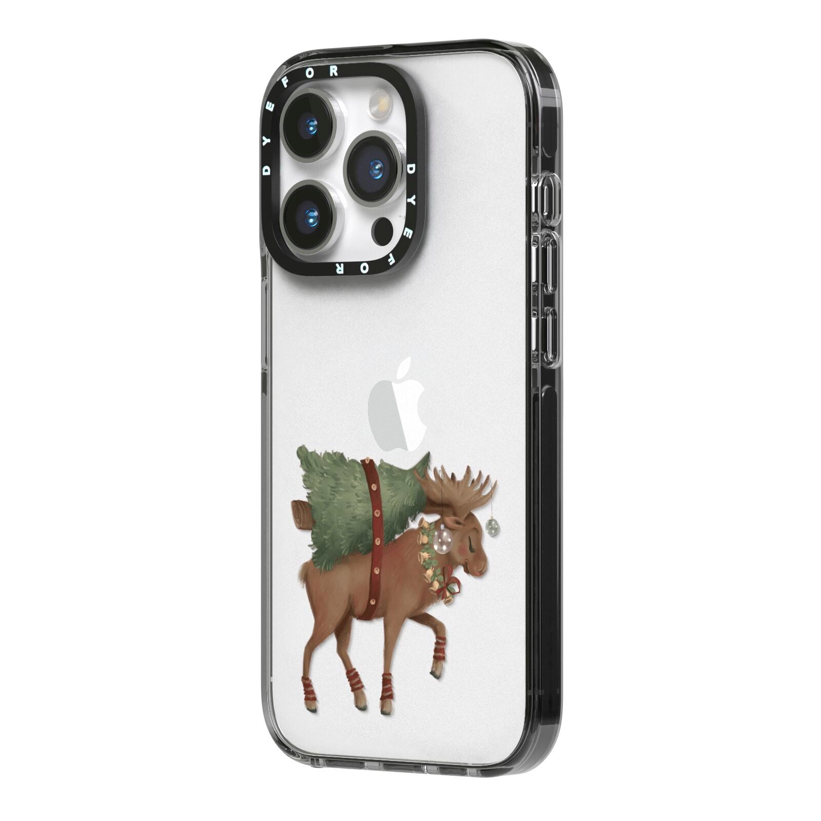 Reindeer Christmas Tree iPhone 14 Pro Black Impact Case Side Angle on Silver phone