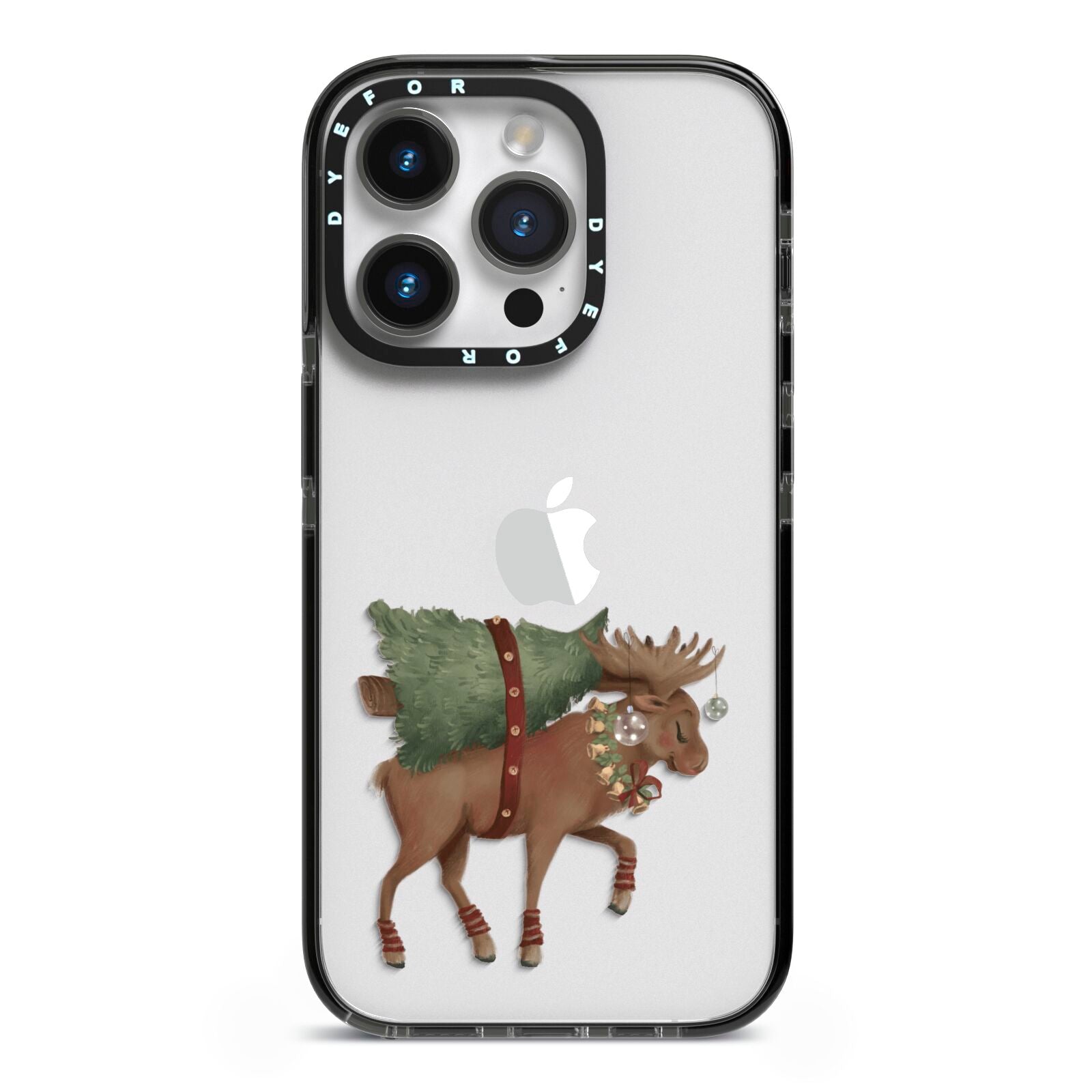 Reindeer Christmas Tree iPhone 14 Pro Black Impact Case on Silver phone