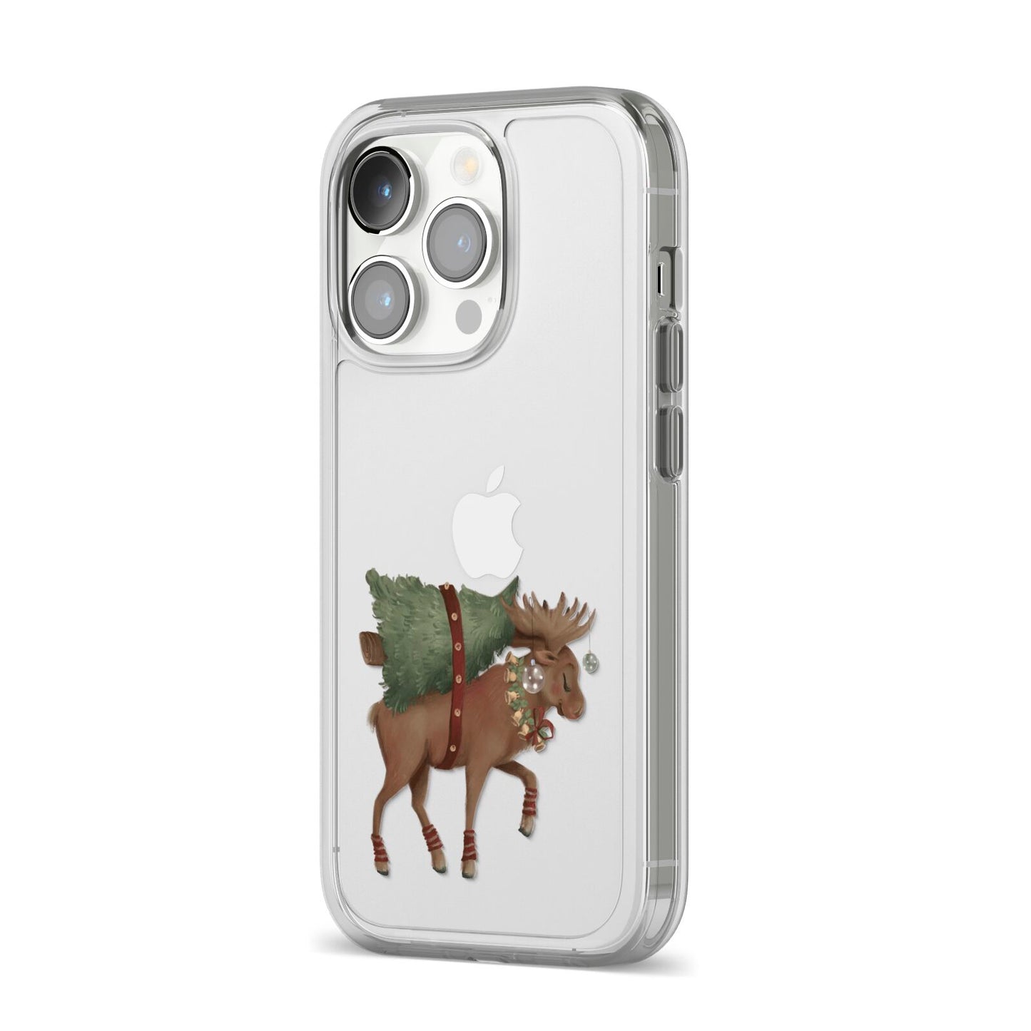 Reindeer Christmas Tree iPhone 14 Pro Clear Tough Case Silver Angled Image