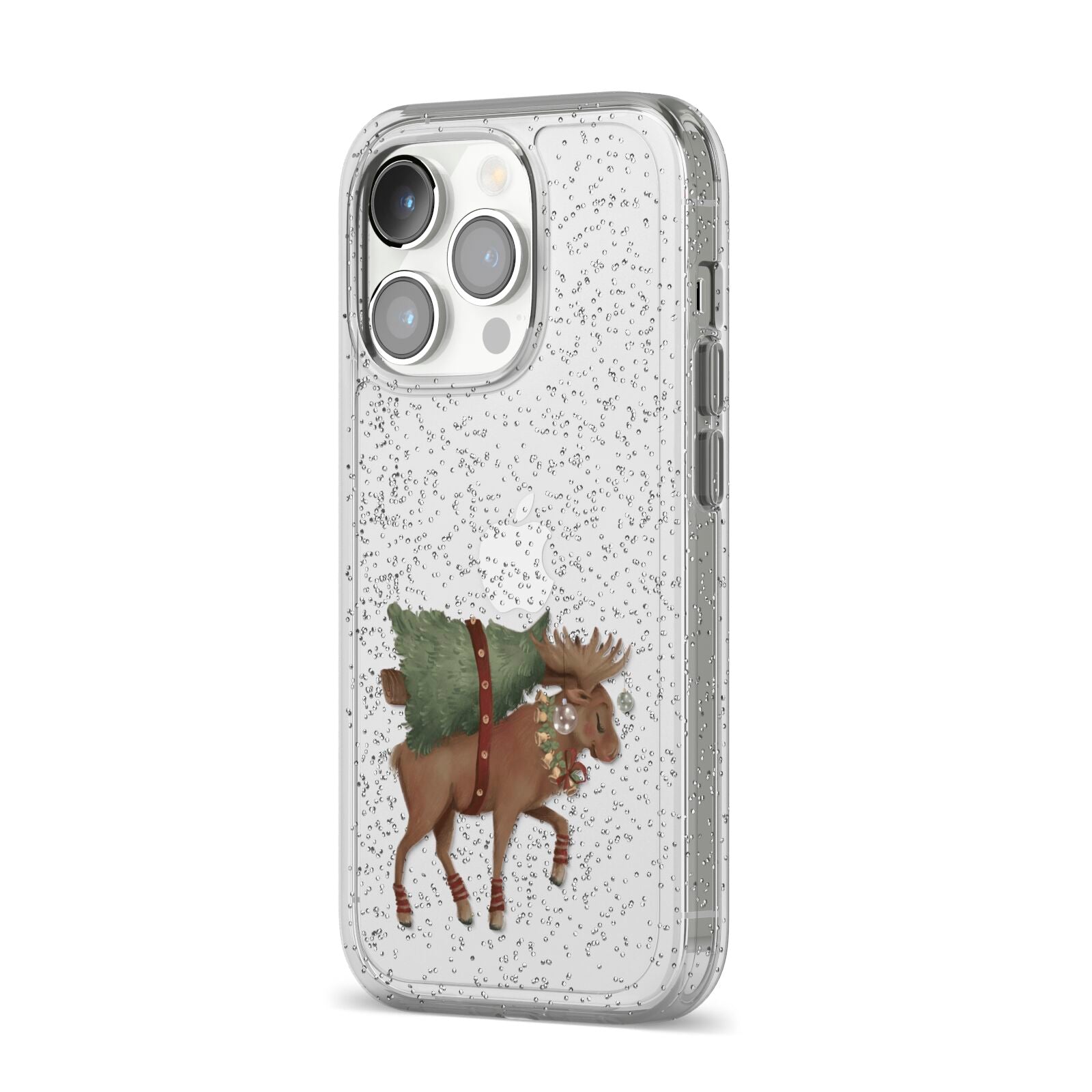 Reindeer Christmas Tree iPhone 14 Pro Glitter Tough Case Silver Angled Image