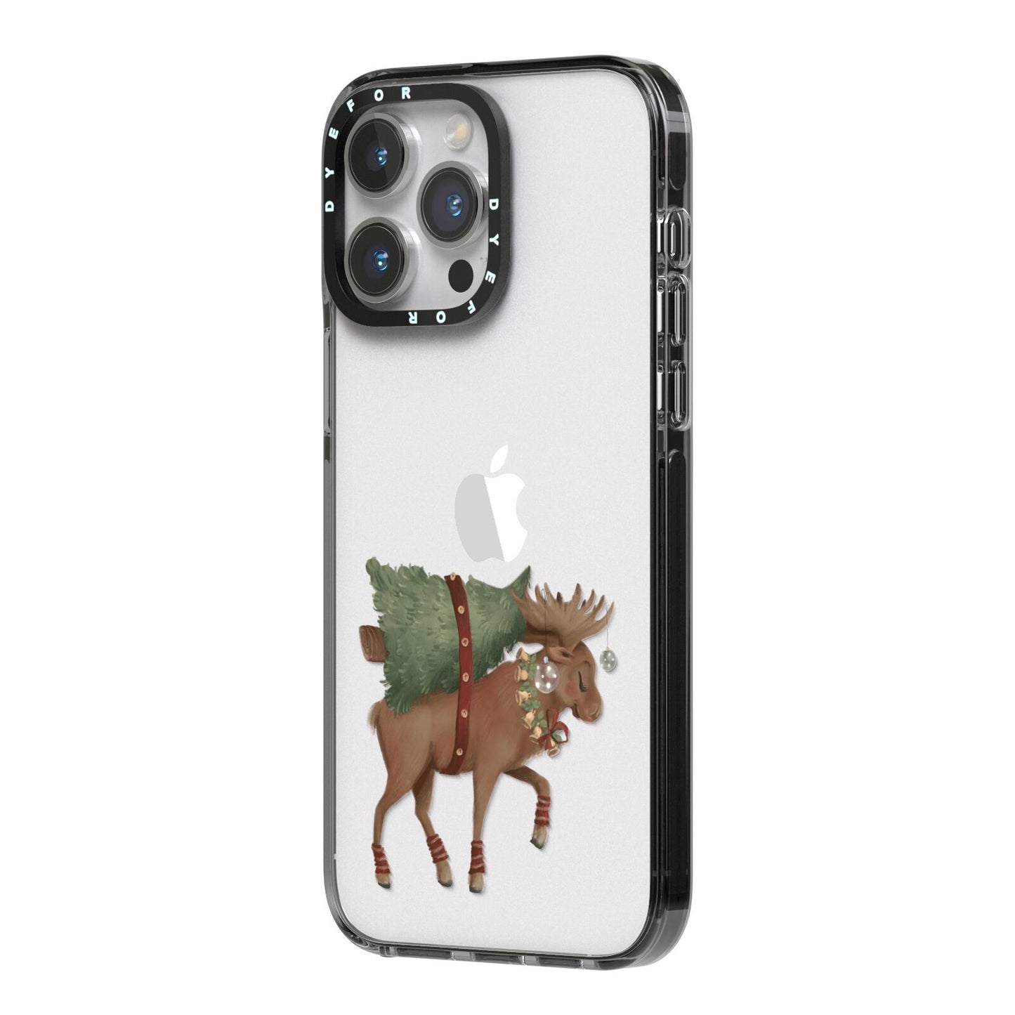 Reindeer Christmas Tree iPhone 14 Pro Max Black Impact Case Side Angle on Silver phone