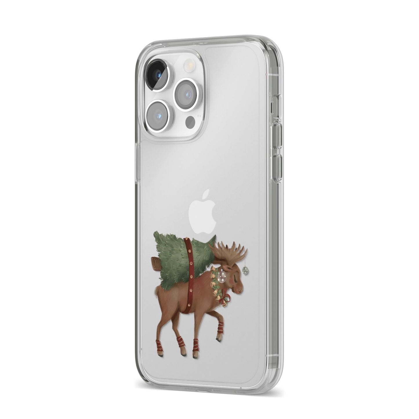 Reindeer Christmas Tree iPhone 14 Pro Max Clear Tough Case Silver Angled Image