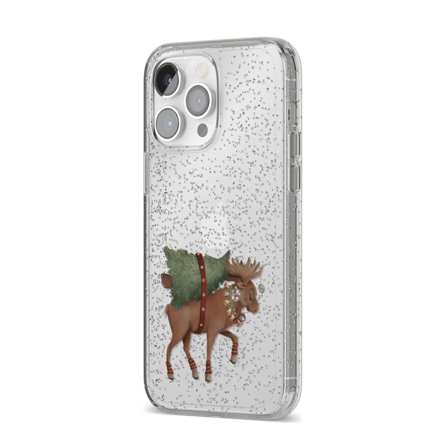 Reindeer Christmas Tree iPhone 14 Pro Max Glitter Tough Case Silver Angled Image