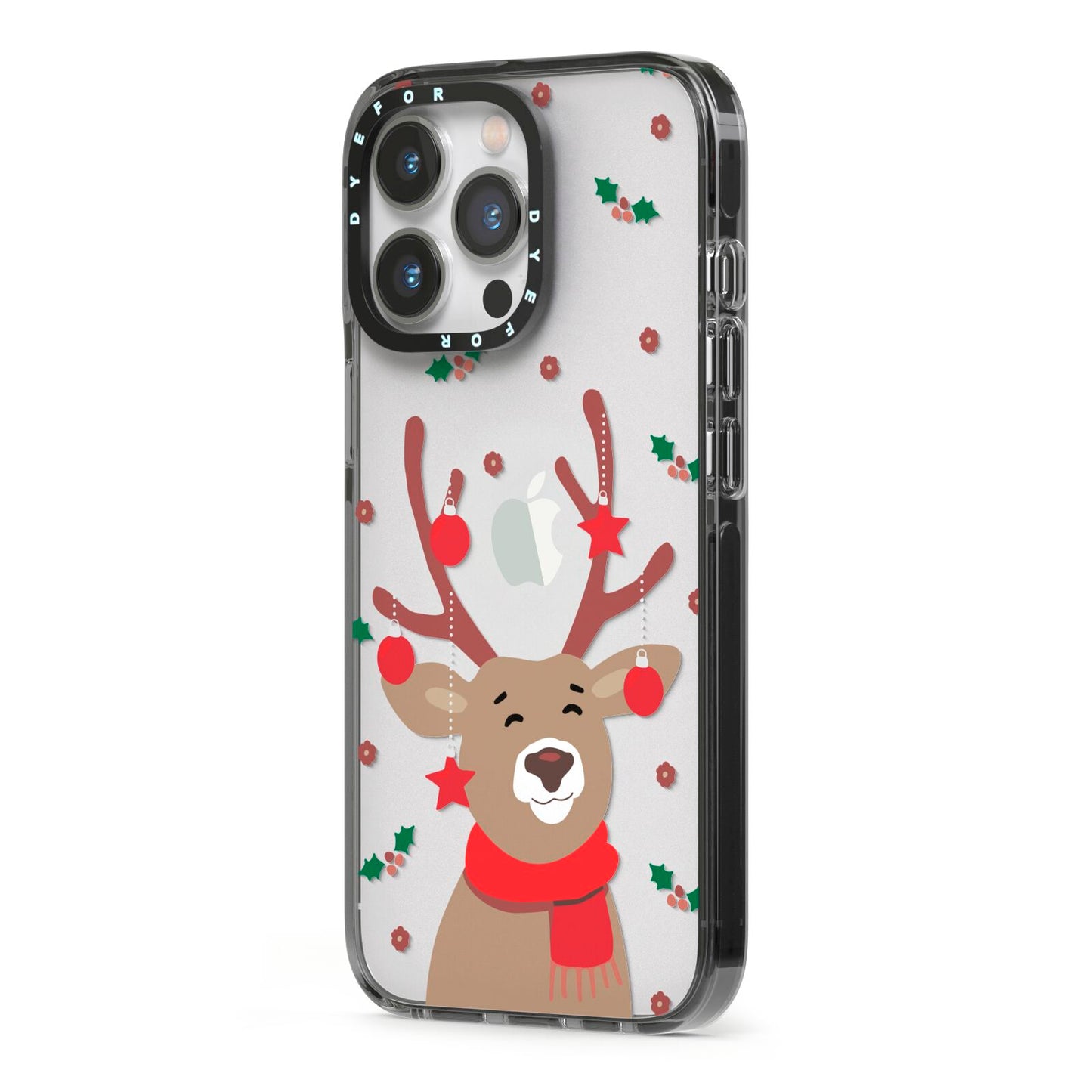 Reindeer Christmas iPhone 13 Pro Black Impact Case Side Angle on Silver phone