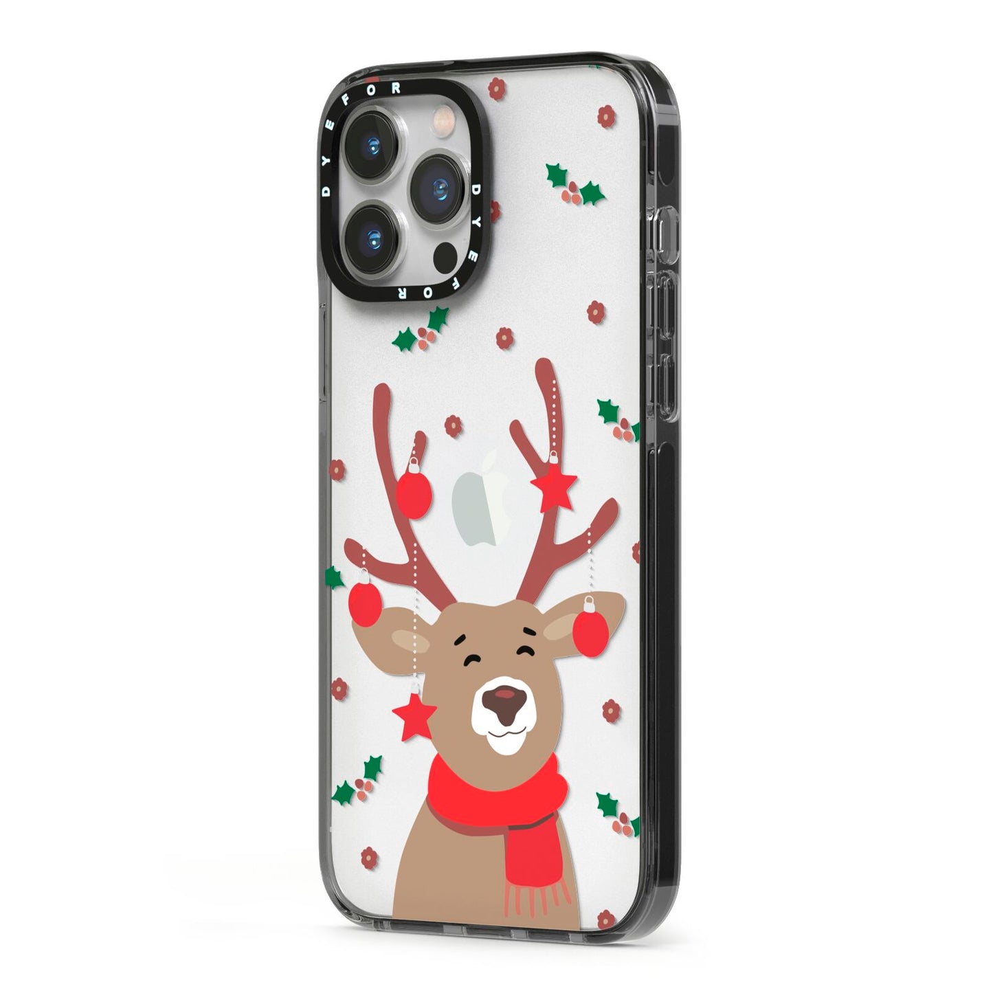 Reindeer Christmas iPhone 13 Pro Max Black Impact Case Side Angle on Silver phone
