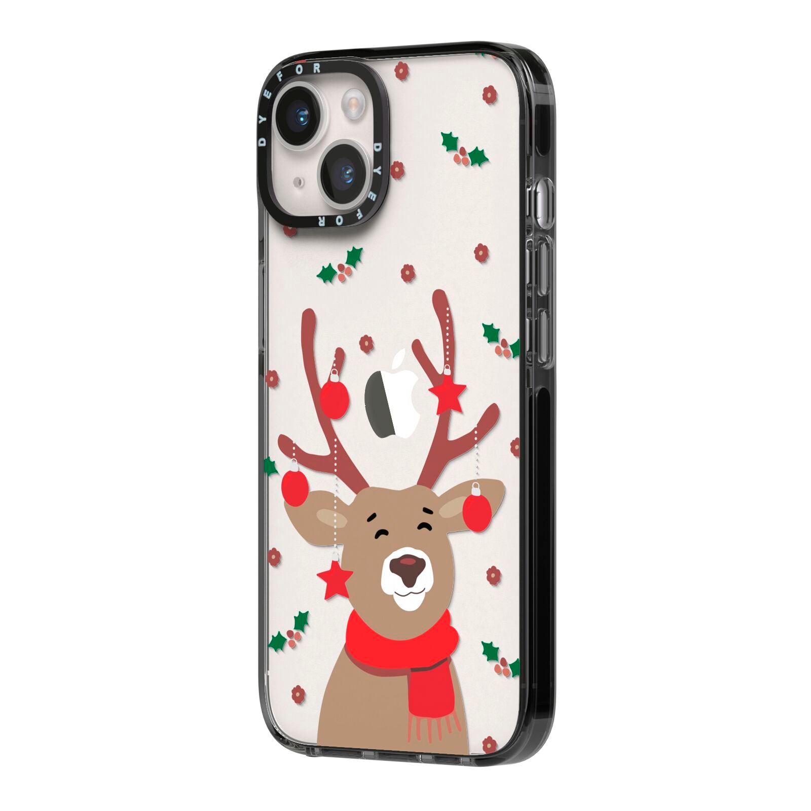 Reindeer Christmas iPhone 14 Black Impact Case Side Angle on Silver phone