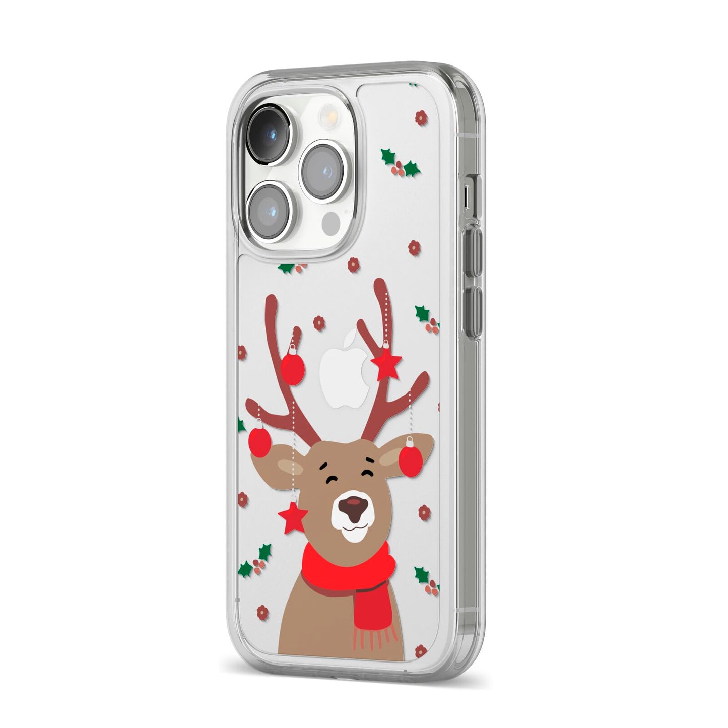 Reindeer Christmas iPhone 14 Pro Clear Tough Case Silver Angled Image