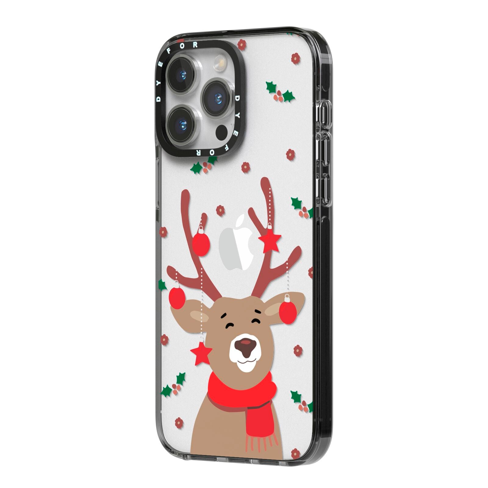 Reindeer Christmas iPhone 14 Pro Max Black Impact Case Side Angle on Silver phone