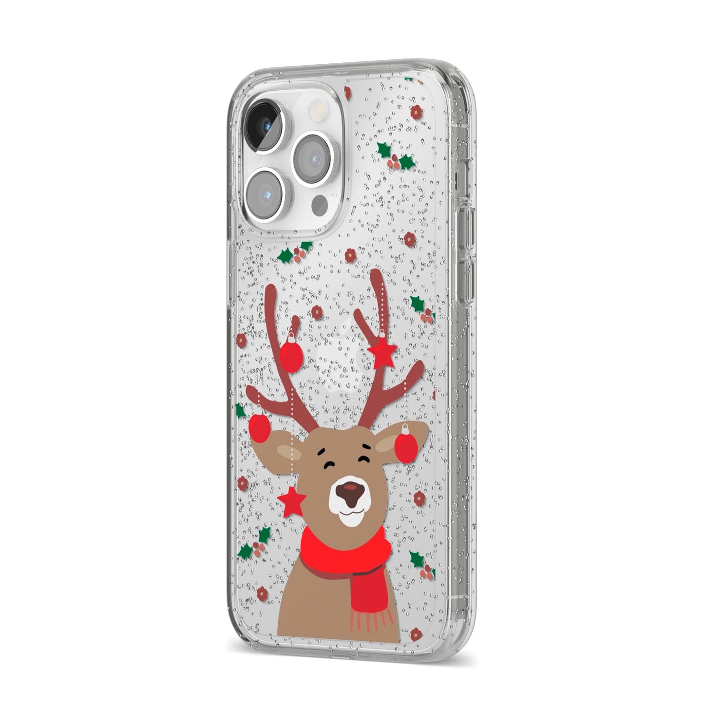 Reindeer Christmas iPhone 14 Pro Max Glitter Tough Case Silver Angled Image