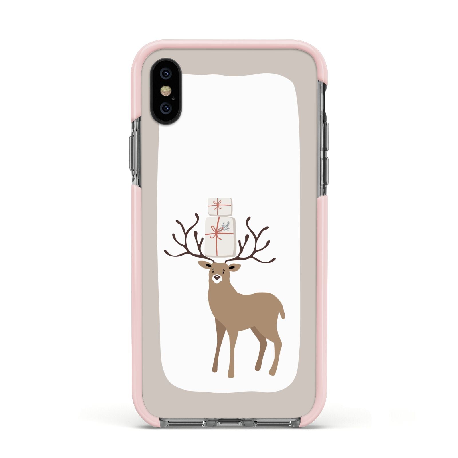 Reindeer Presents Apple iPhone Xs Impact Case Pink Edge on Black Phone