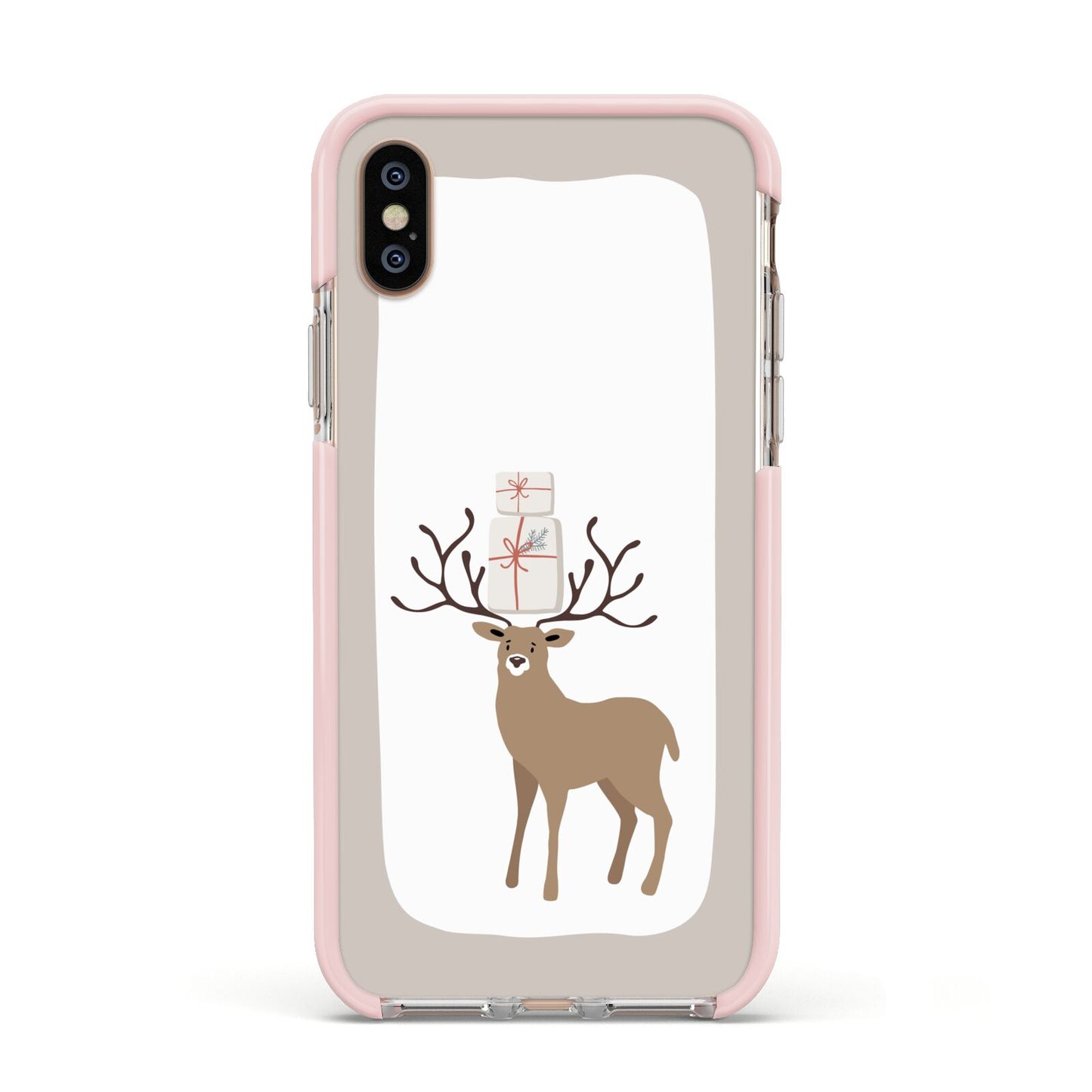 Reindeer Presents Apple iPhone Xs Impact Case Pink Edge on Gold Phone