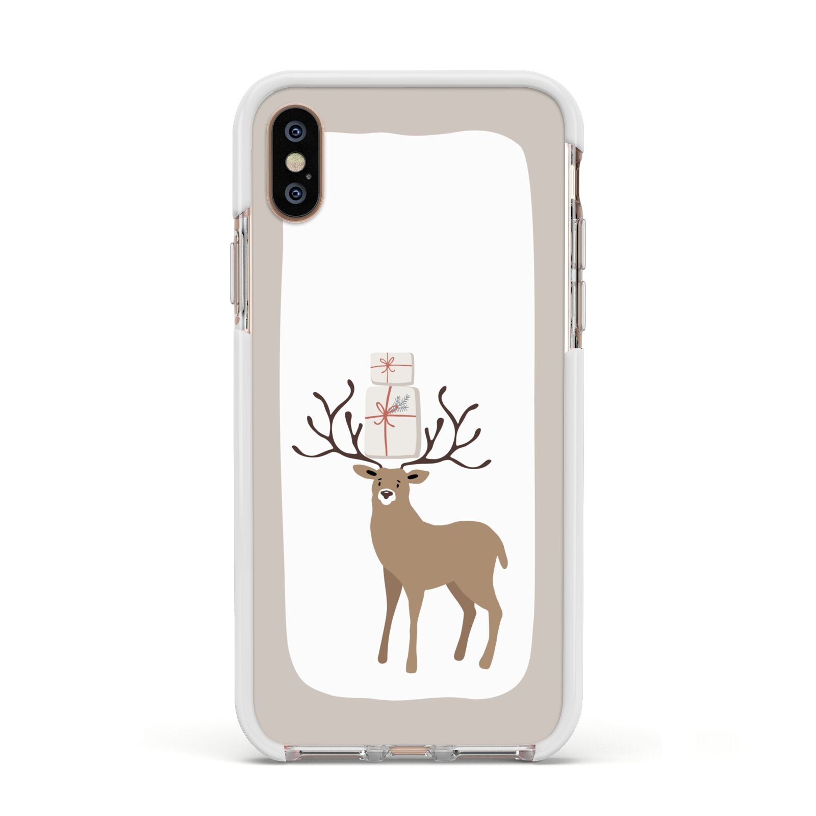 Reindeer Presents Apple iPhone Xs Impact Case White Edge on Gold Phone
