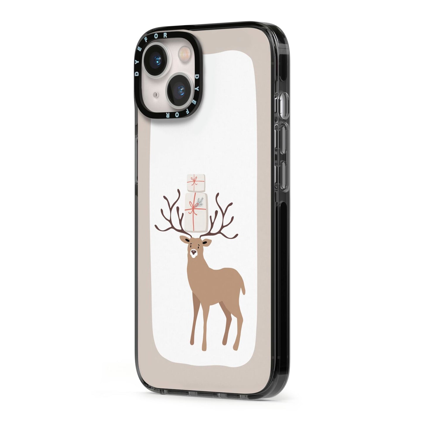 Reindeer Presents iPhone 13 Black Impact Case Side Angle on Silver phone