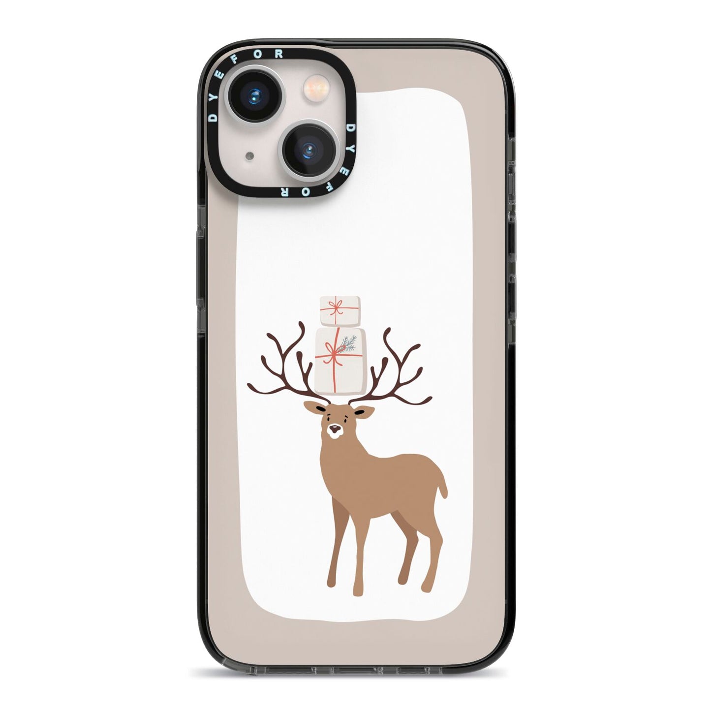 Reindeer Presents iPhone 13 Black Impact Case on Silver phone
