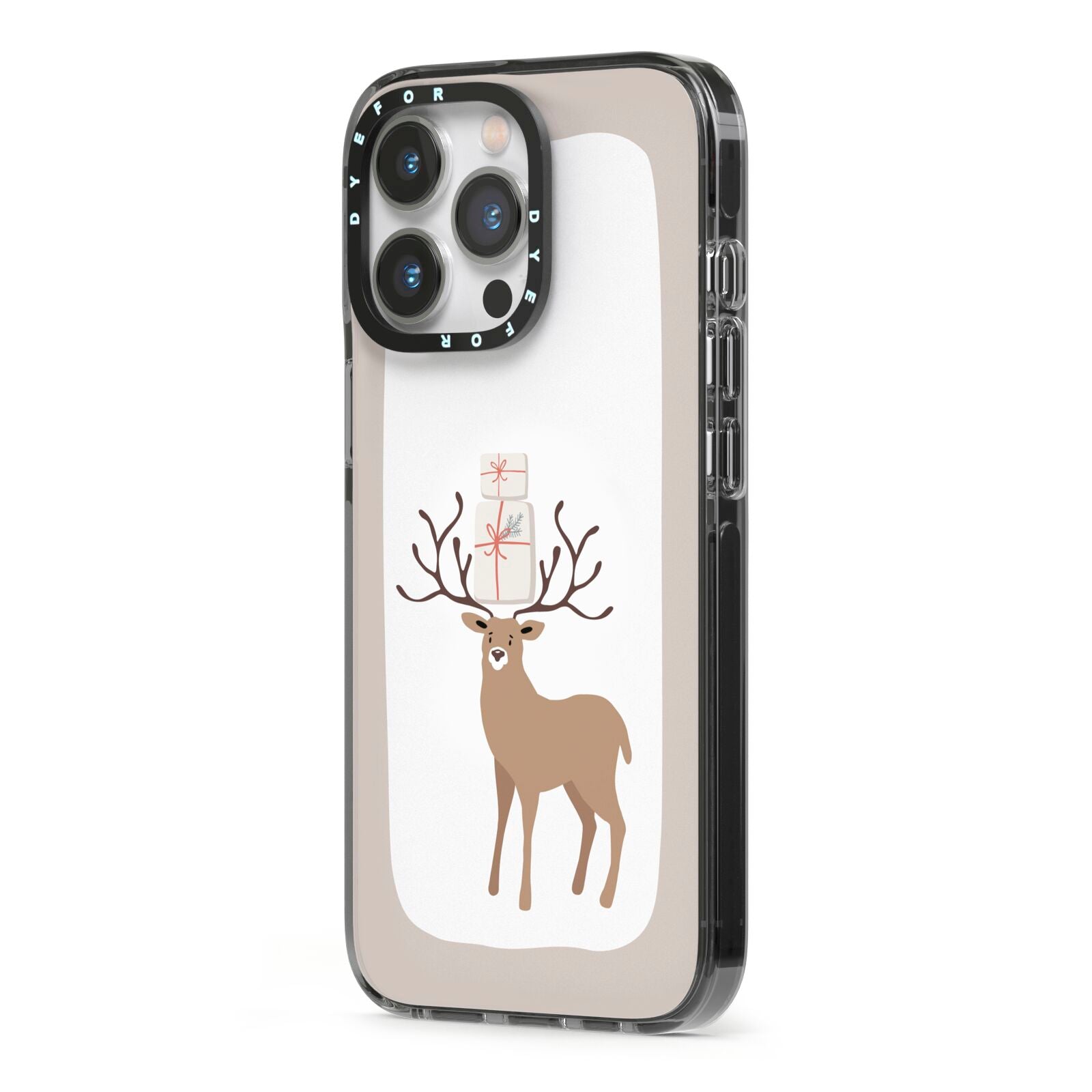Reindeer Presents iPhone 13 Pro Black Impact Case Side Angle on Silver phone