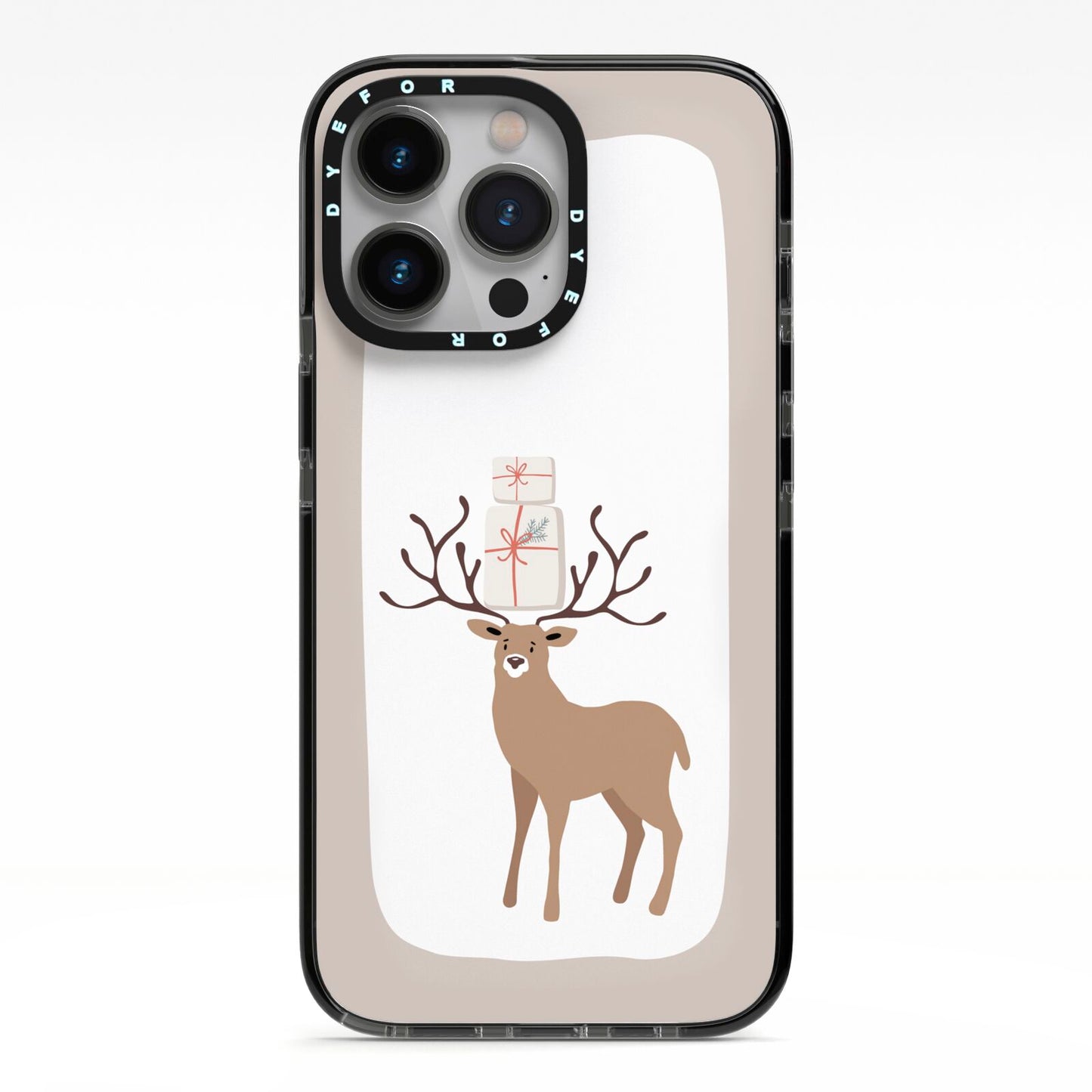 Reindeer Presents iPhone 13 Pro Black Impact Case on Silver phone