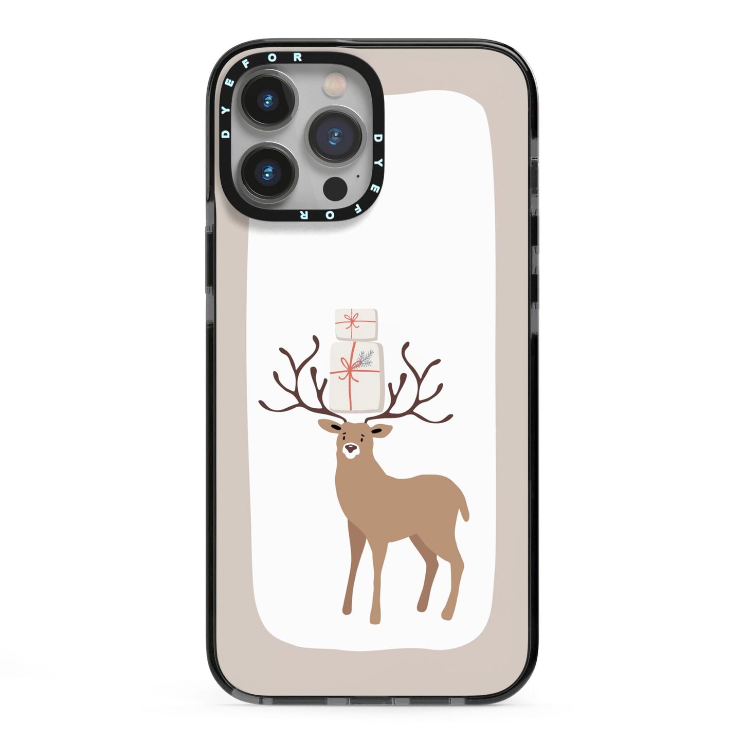 Reindeer Presents iPhone 13 Pro Max Black Impact Case on Silver phone