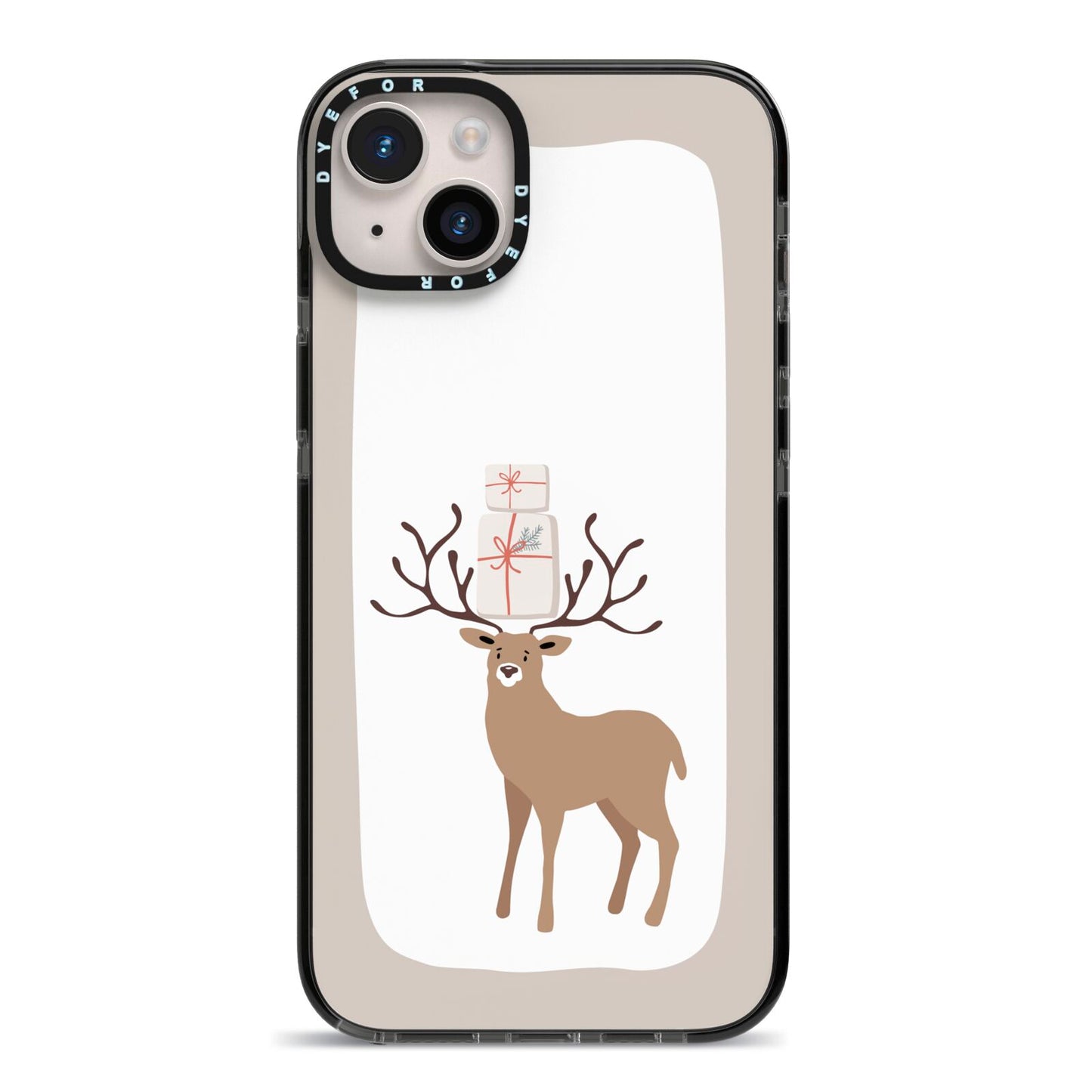 Reindeer Presents iPhone 14 Plus Black Impact Case on Silver phone