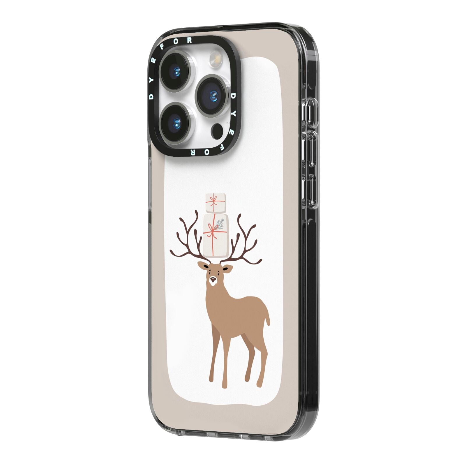 Reindeer Presents iPhone 14 Pro Black Impact Case Side Angle on Silver phone