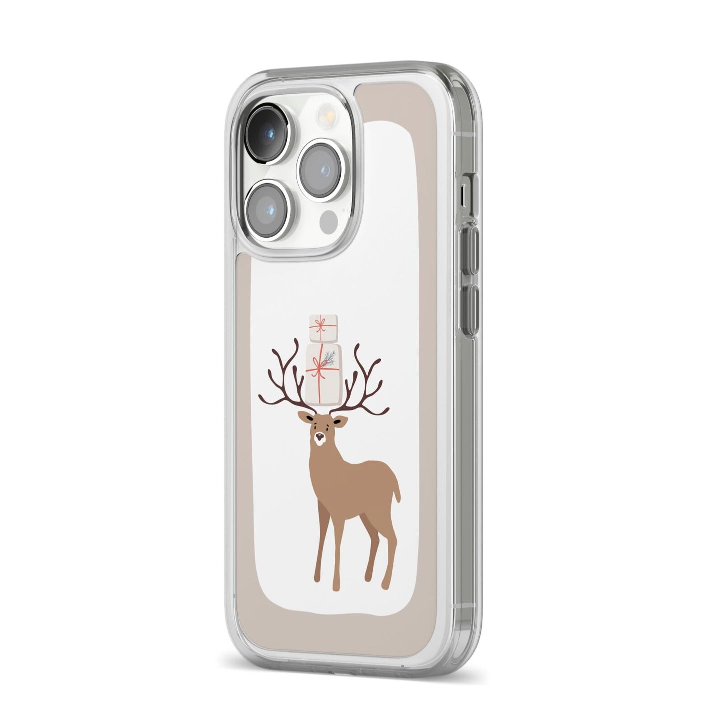 Reindeer Presents iPhone 14 Pro Clear Tough Case Silver Angled Image