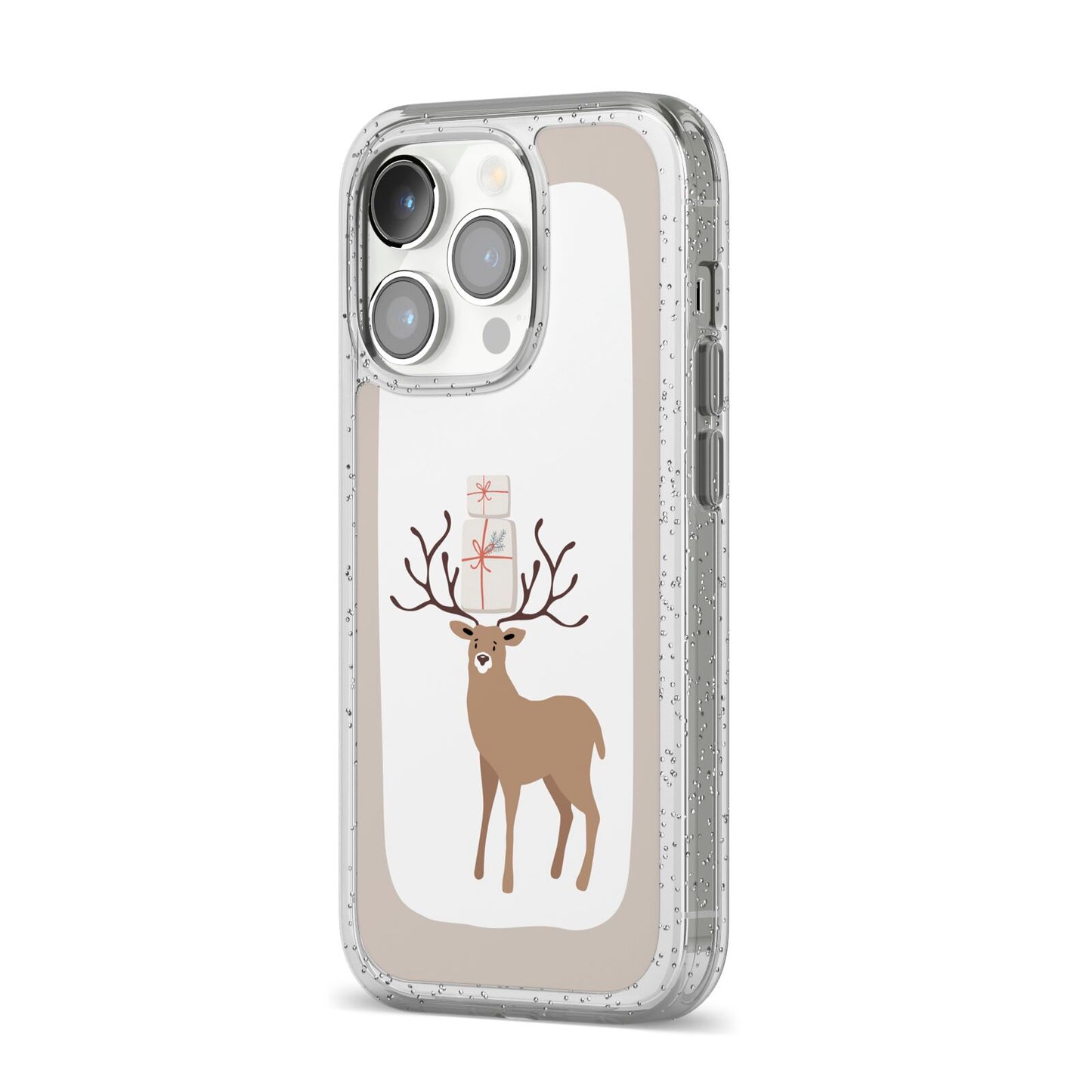 Reindeer Presents iPhone 14 Pro Glitter Tough Case Silver Angled Image