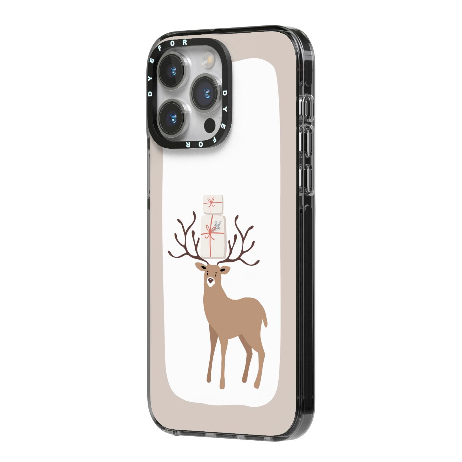 Reindeer Presents iPhone 14 Pro Max Black Impact Case Side Angle on Silver phone