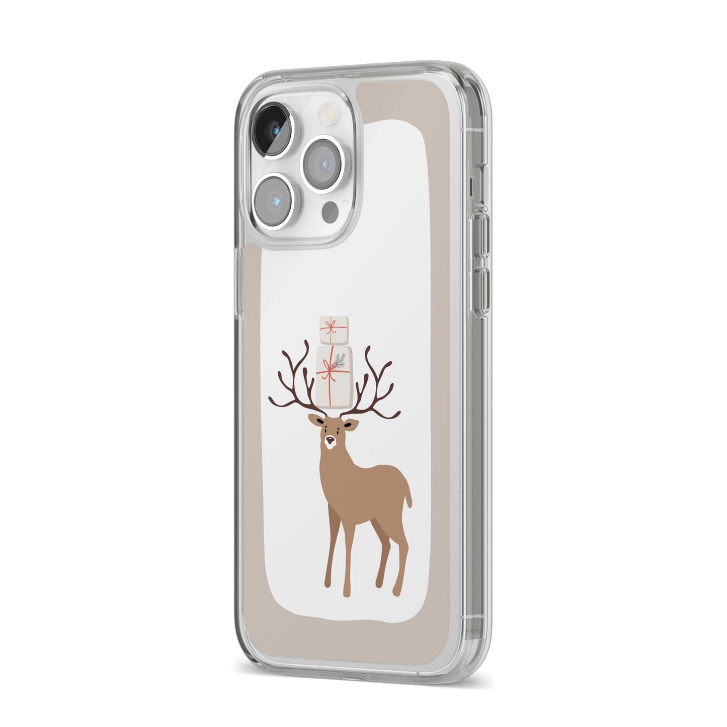 Reindeer Presents iPhone 14 Pro Max Clear Tough Case Silver Angled Image