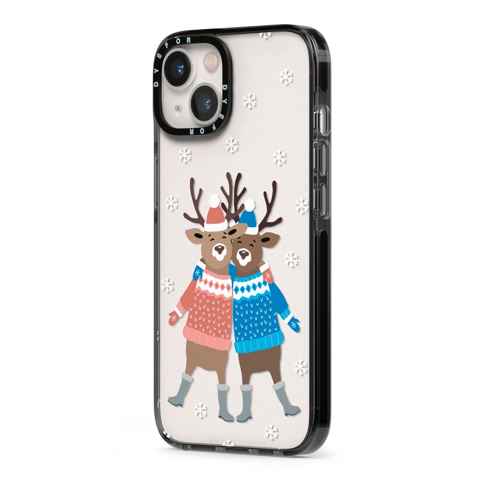 Reindeer iPhone 13 Black Impact Case Side Angle on Silver phone