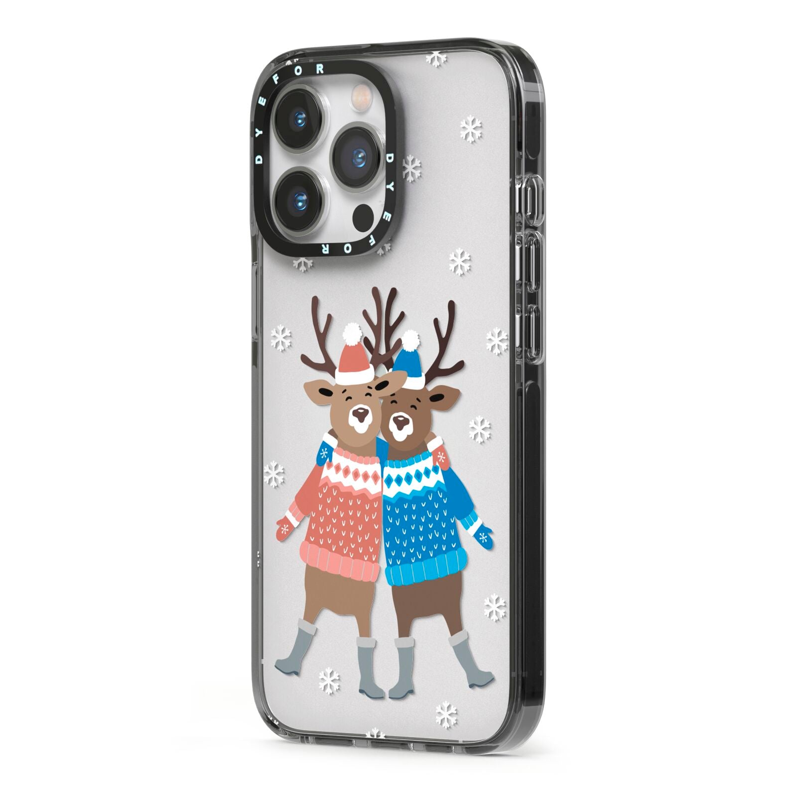 Reindeer iPhone 13 Pro Black Impact Case Side Angle on Silver phone