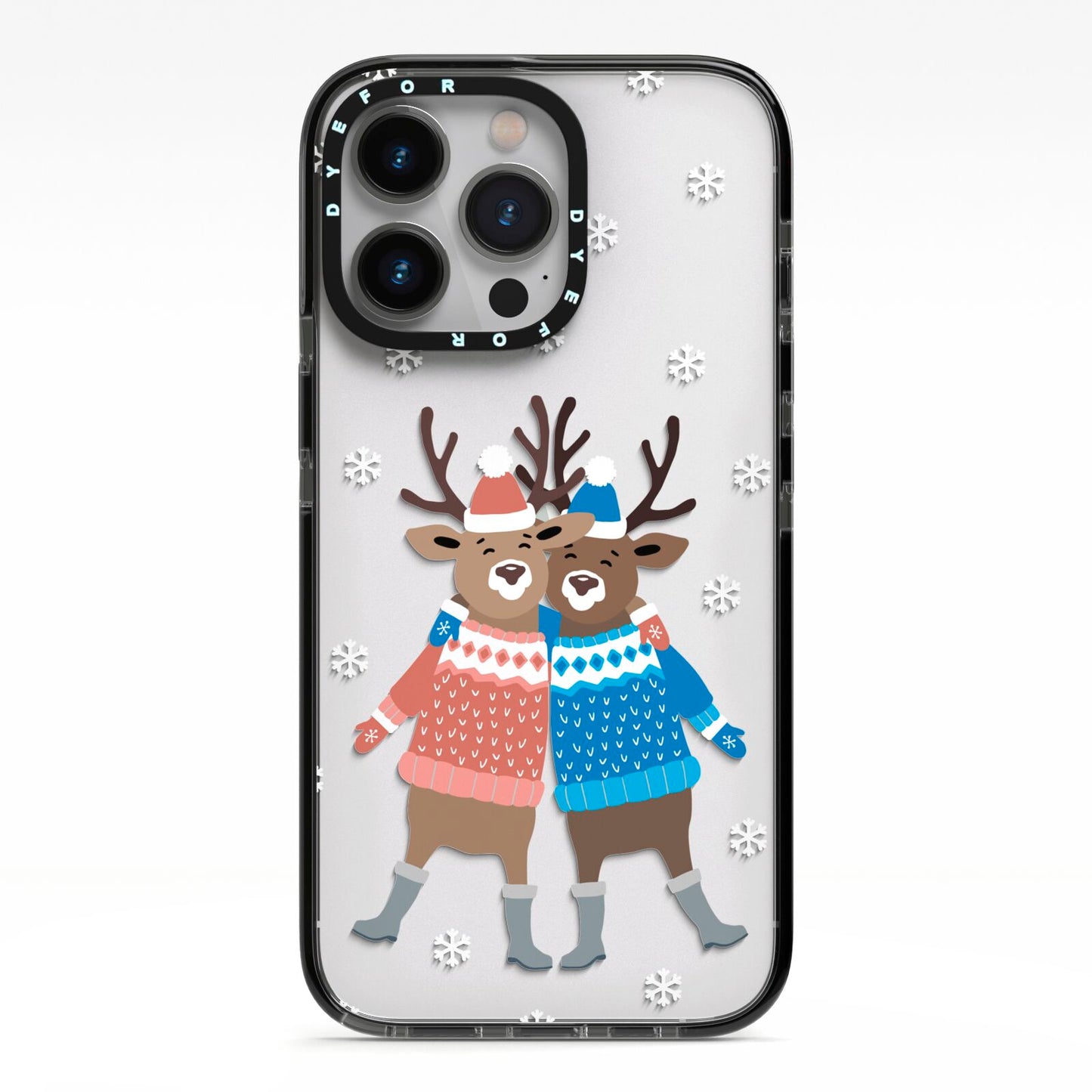 Reindeer iPhone 13 Pro Black Impact Case on Silver phone