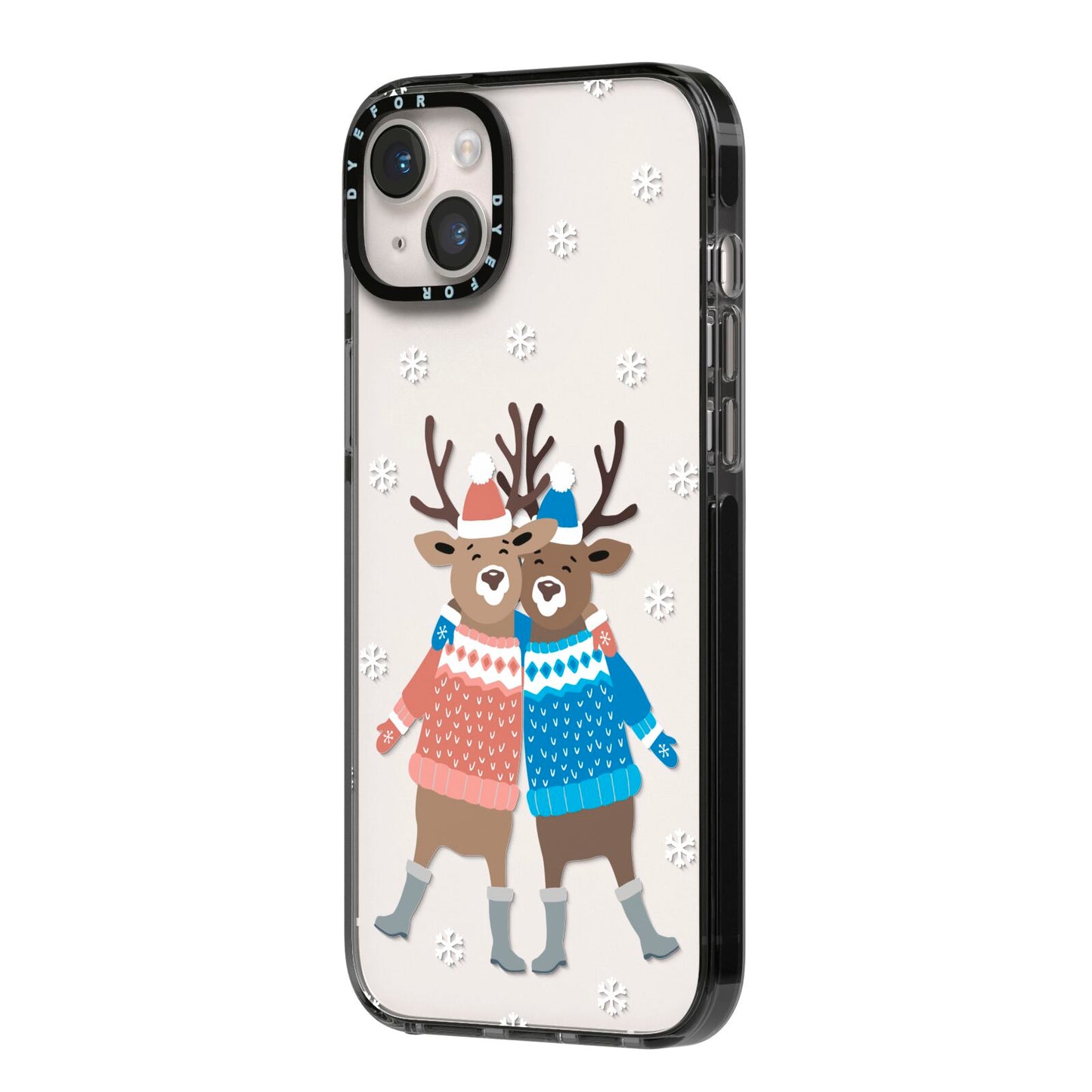 Reindeer iPhone 14 Plus Black Impact Case Side Angle on Silver phone