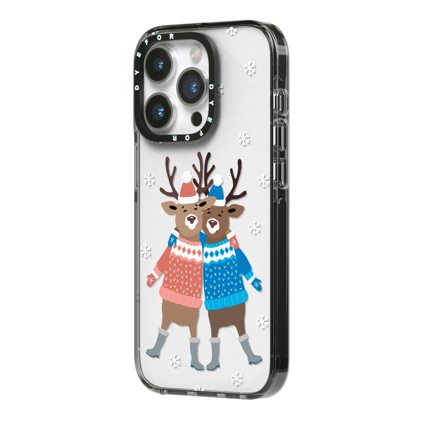 Reindeer iPhone 14 Pro Black Impact Case Side Angle on Silver phone