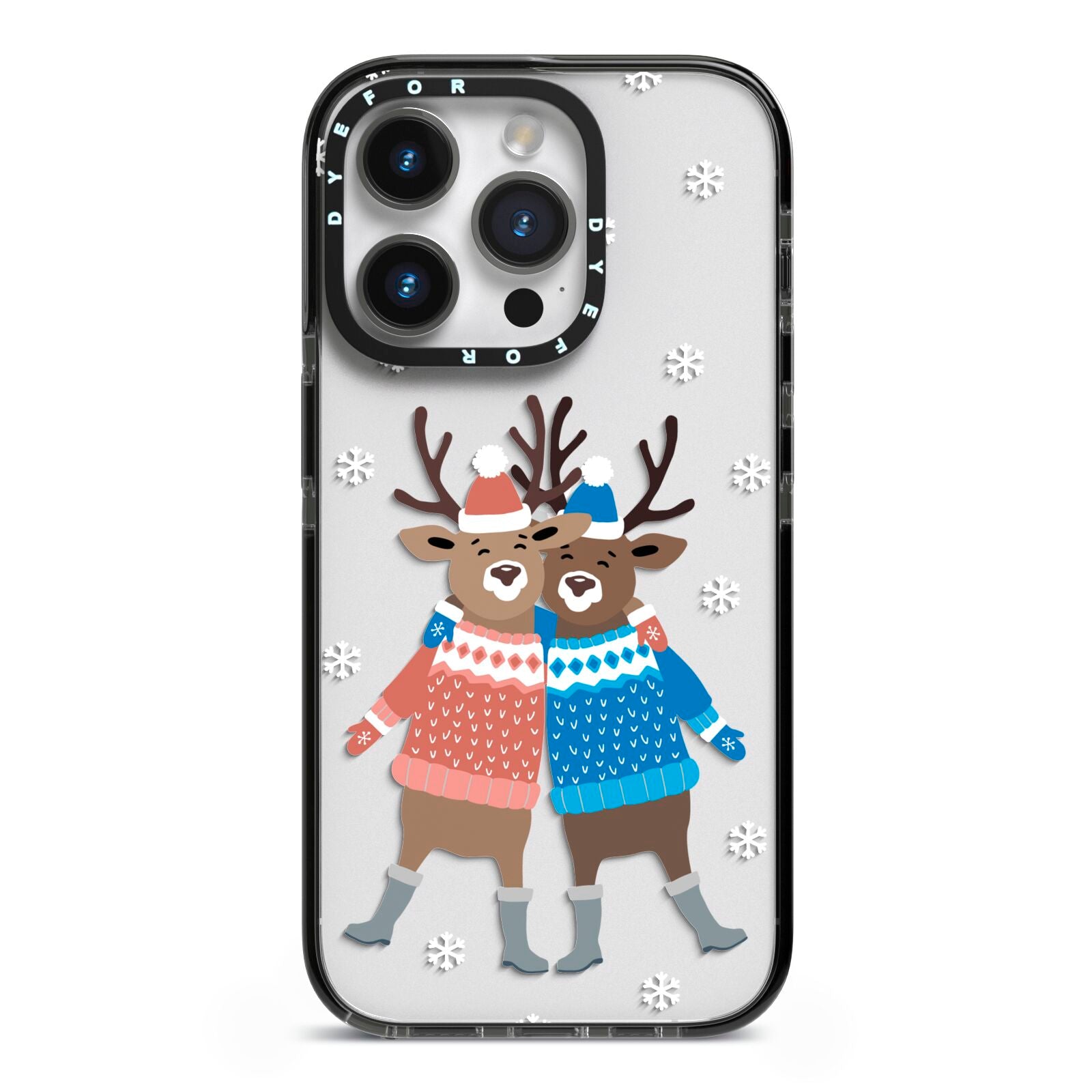 Reindeer iPhone 14 Pro Black Impact Case on Silver phone